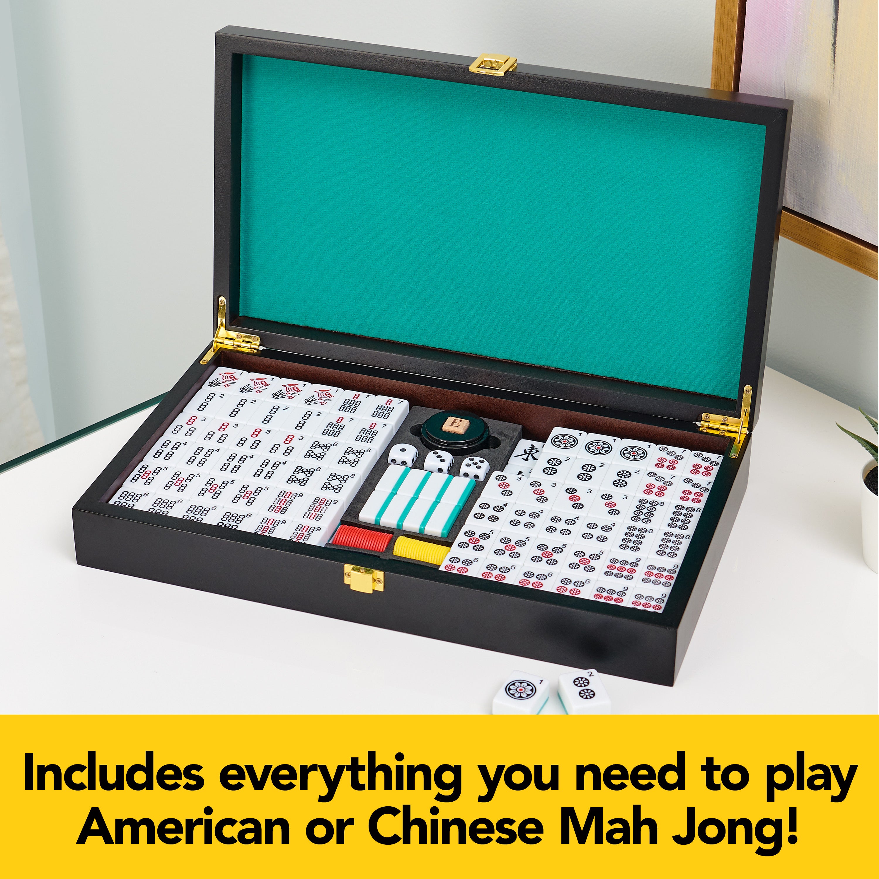 Legacy Deluxe Mah Jong Classic Game with Two-Toned Tiles and Lined Wood Storage Case, Family Game for 4 Players Ages 8 and up