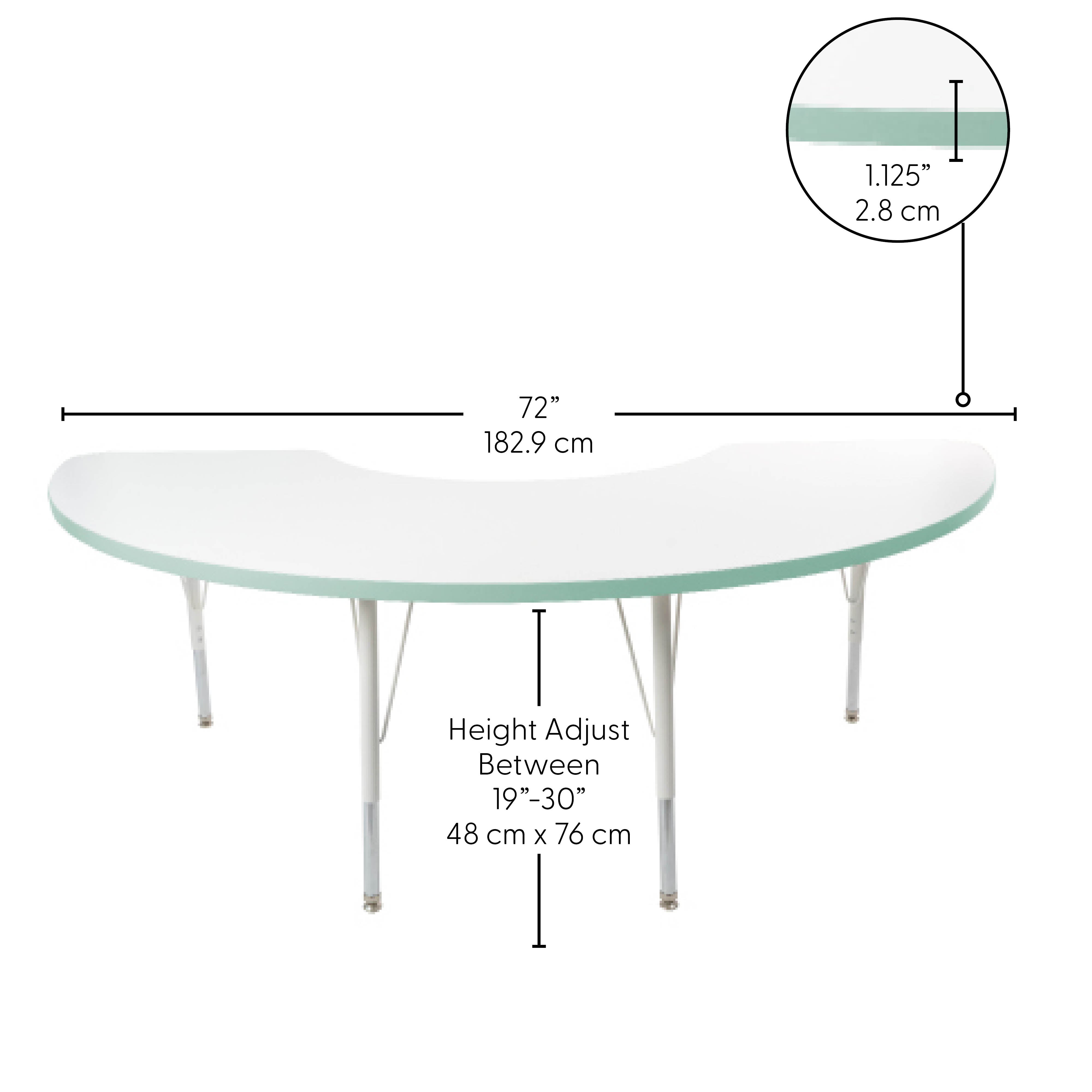 36" x 72" Half Moon Thermofused Activity Table with Adjustable Standard Swivel Glide Legs - White/Seafoam/White