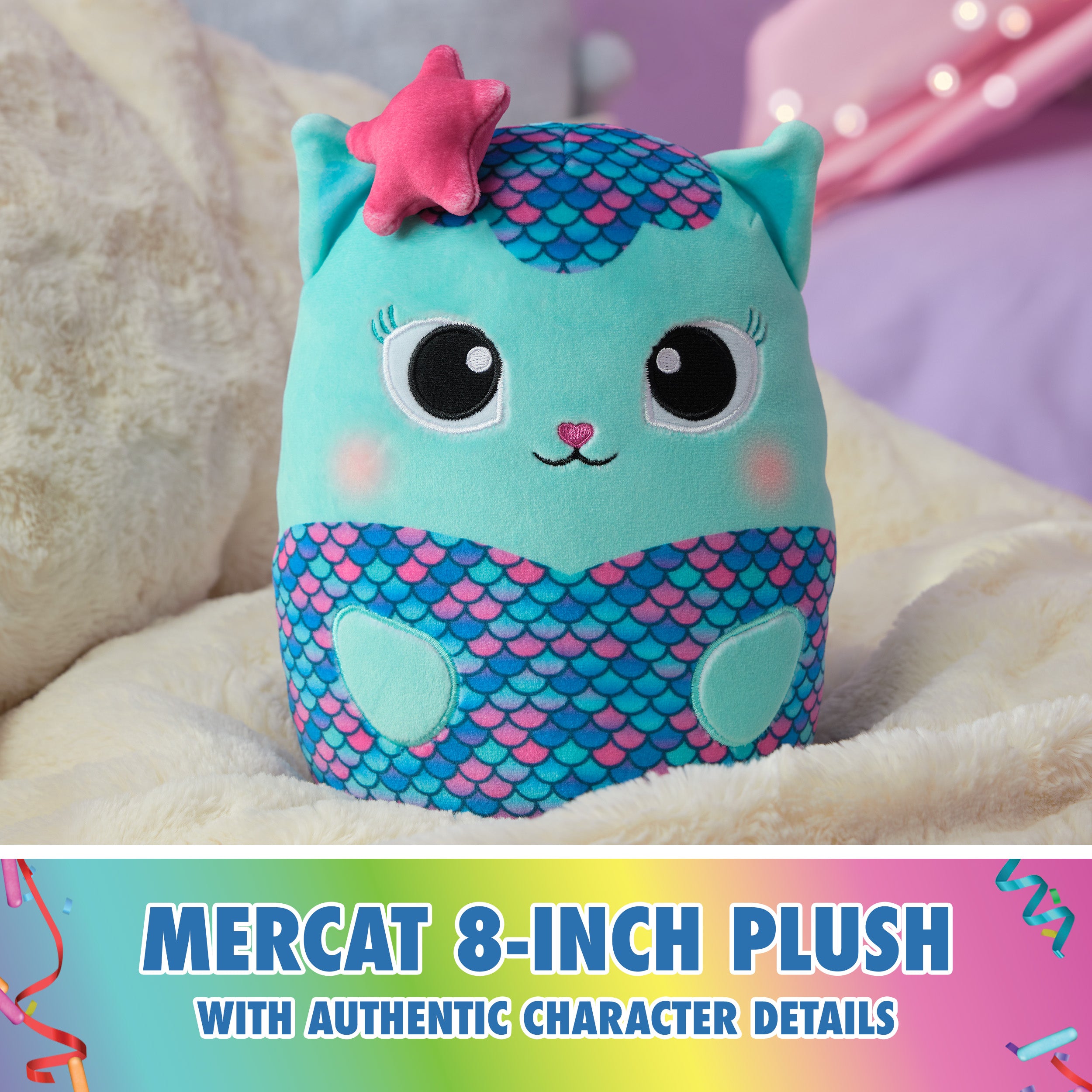 Gabby’s Dollhouse Official MerCat Squishy Plush Toy, Cat Stuffed Animal, Squishy Toys for Ages 1 & Up, Blue, 8”
