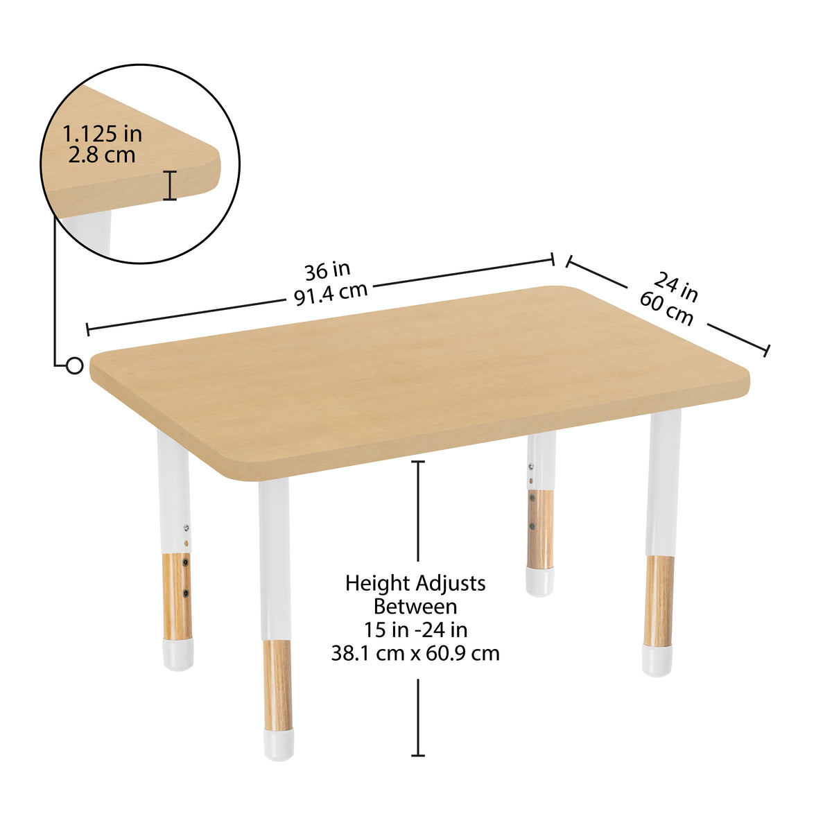 24" x 36" Rectangle Thermofused Activity Table with Adjustable Chunky Wood Legs - Maple Grain/White/Natural