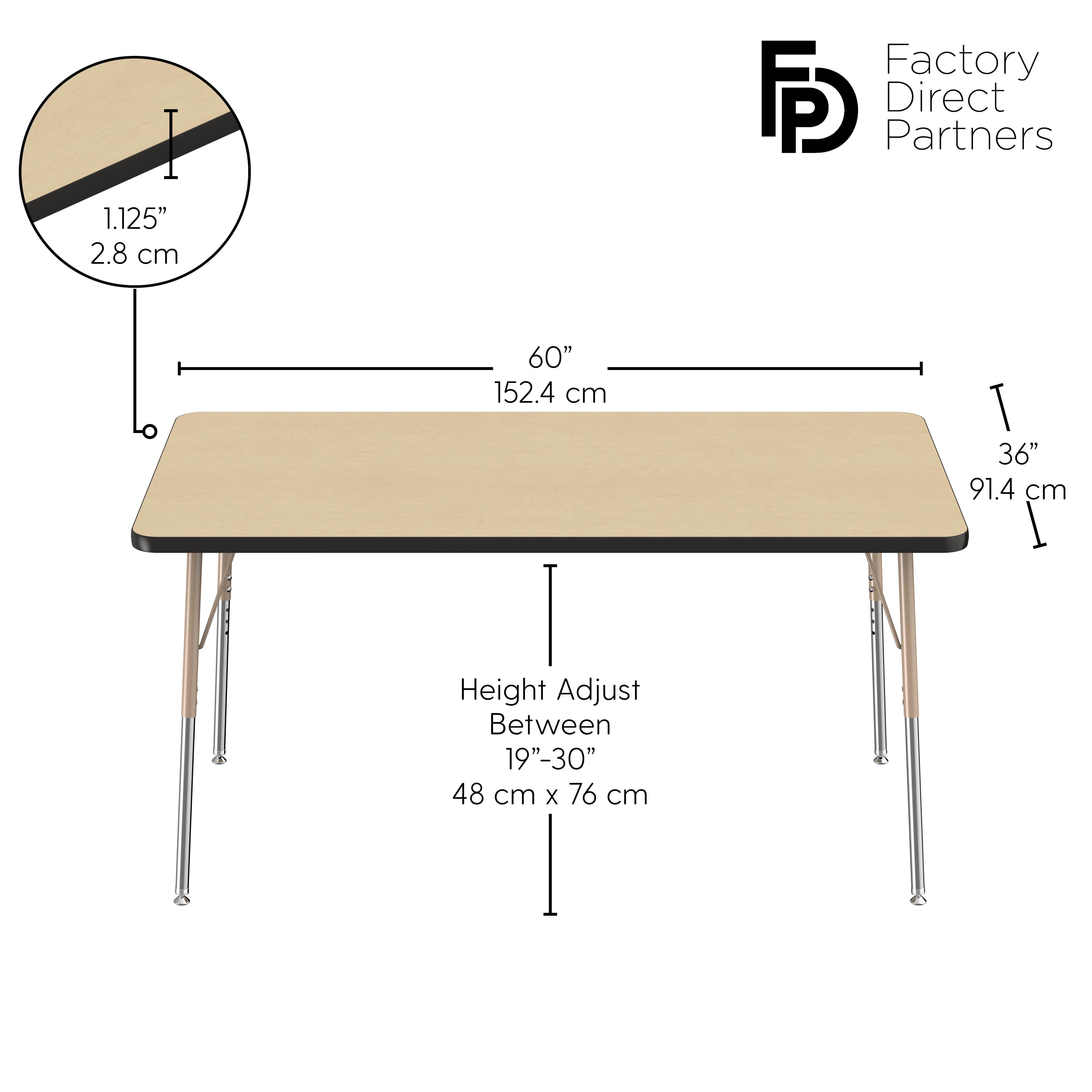 36" x 60" Rectangle T-Molding Activity Table with Adjustable Standard Swivel Glide Legs - Maple/Black/Sand