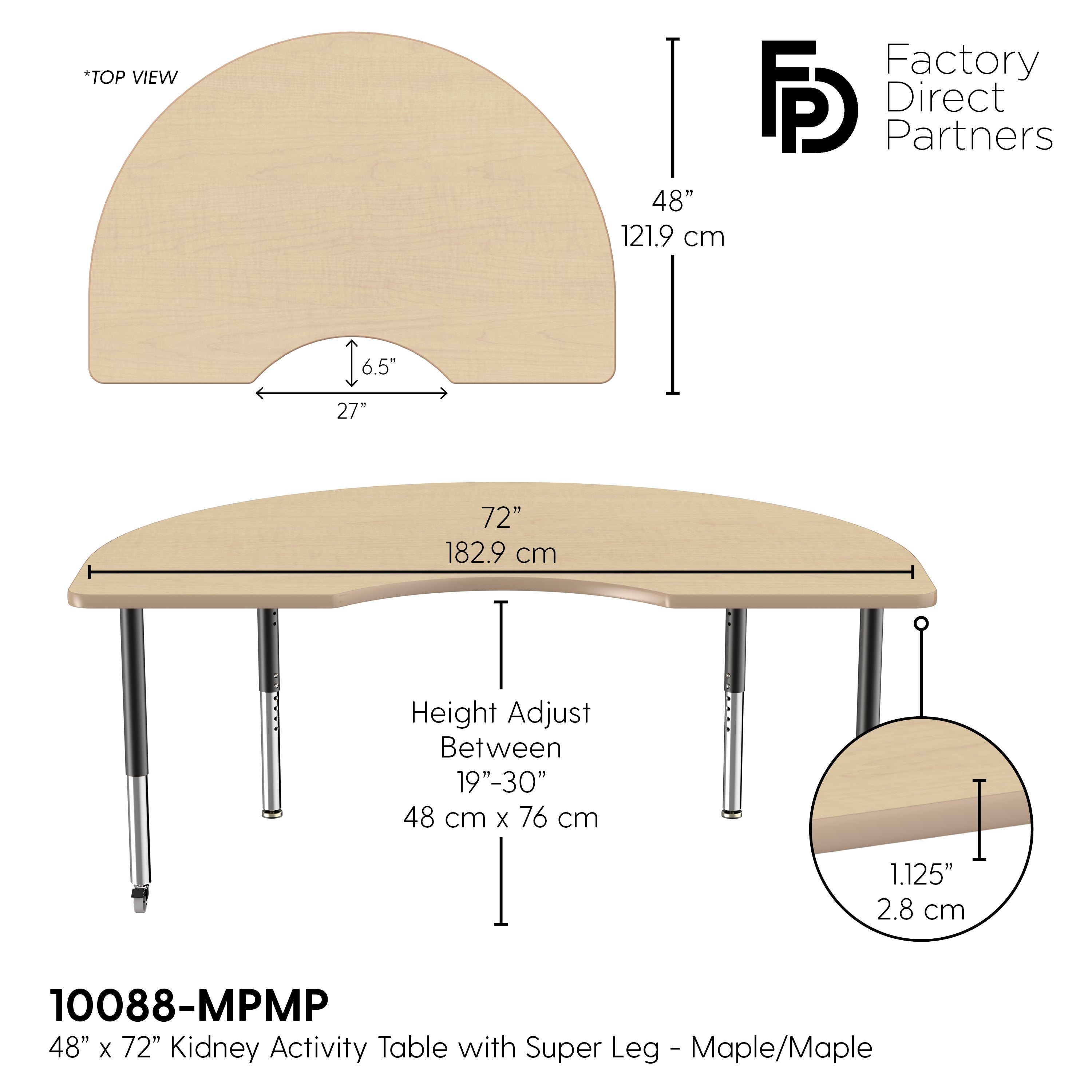 48" x 72" Kidney T-Molding Activity Table with Adjustable Super Legs - Maple/Maple/Black