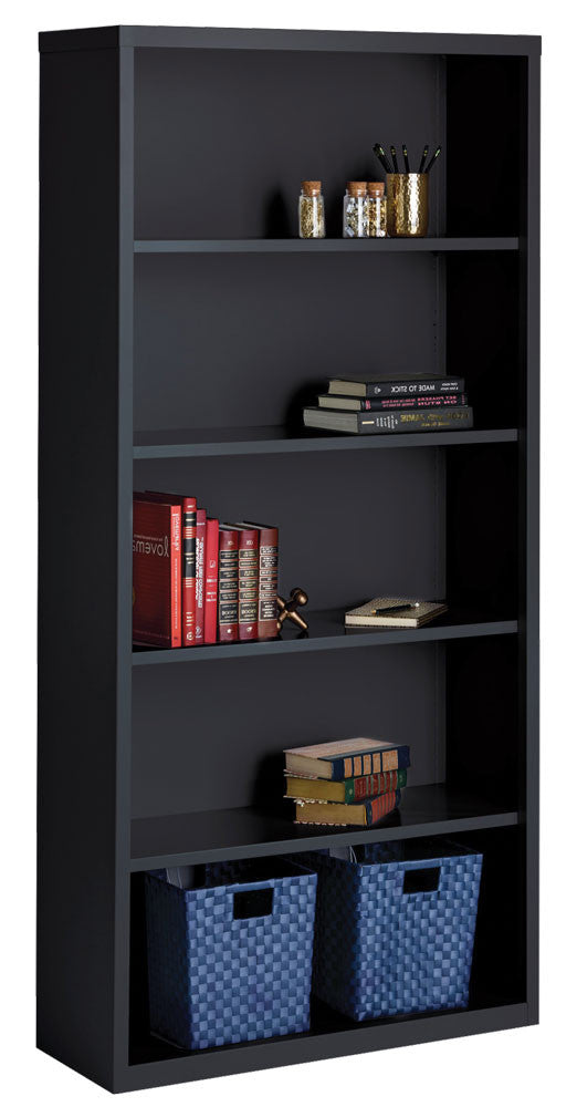 OfficeSource Steel Bookcase HIRSCH 5 Shelf Metal Bookcase, 72" High - Black
