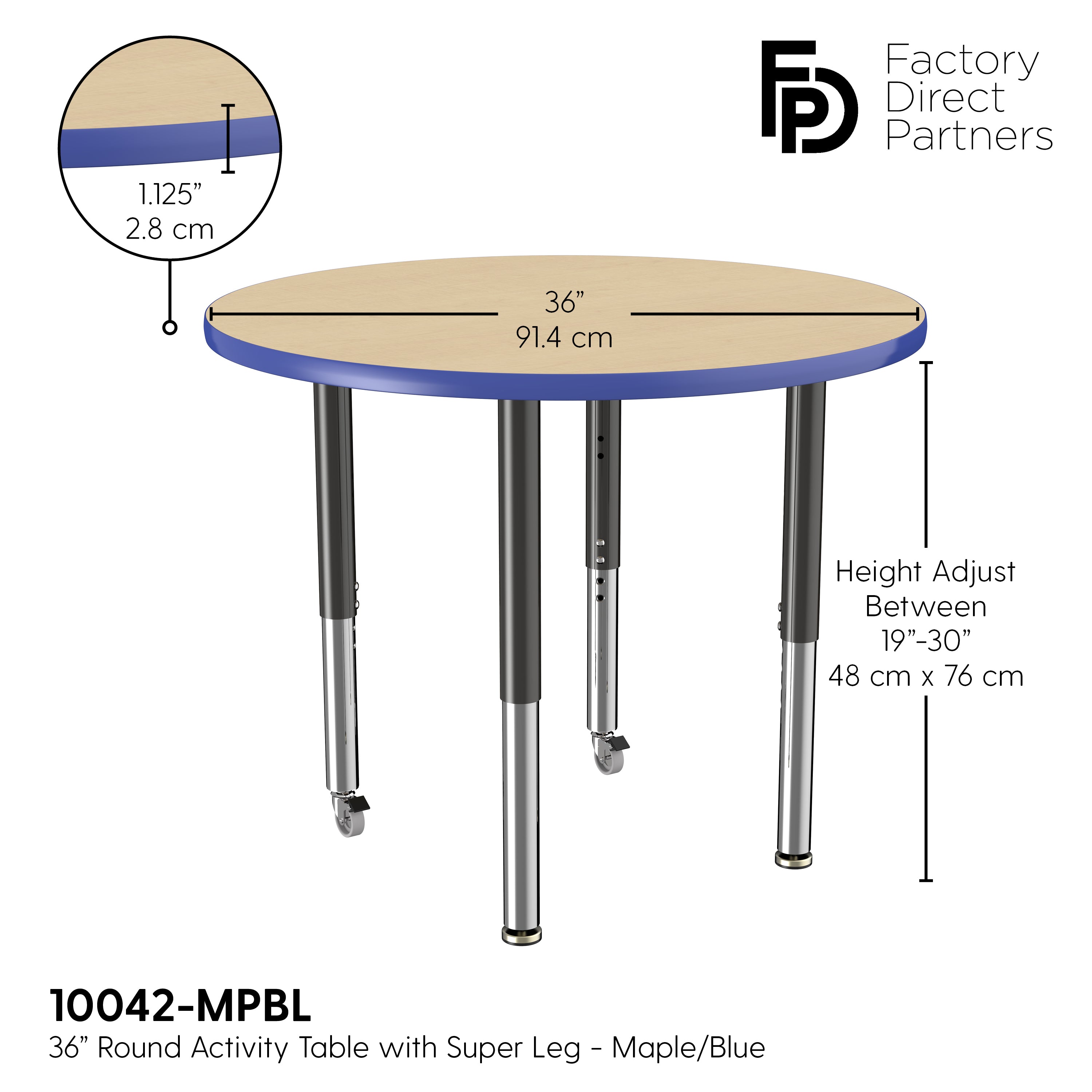 36" Round T-Molding Activity Table with Adjustable Super Legs - Maple/Blue/Black