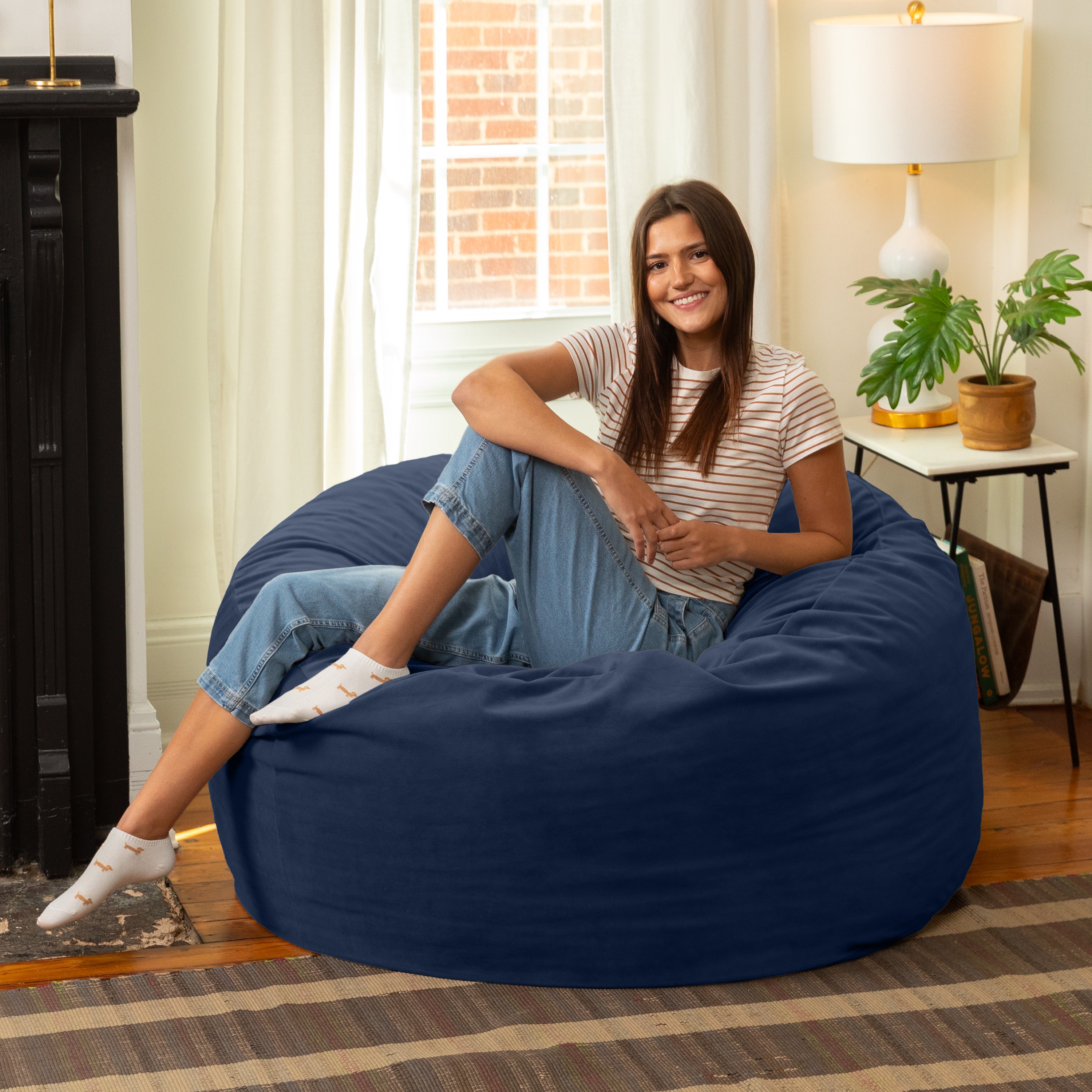 Jaxx 4 Foot Saxx - Large Round Bean Bag Chair for Adults - Lush Velvet Navy Blue