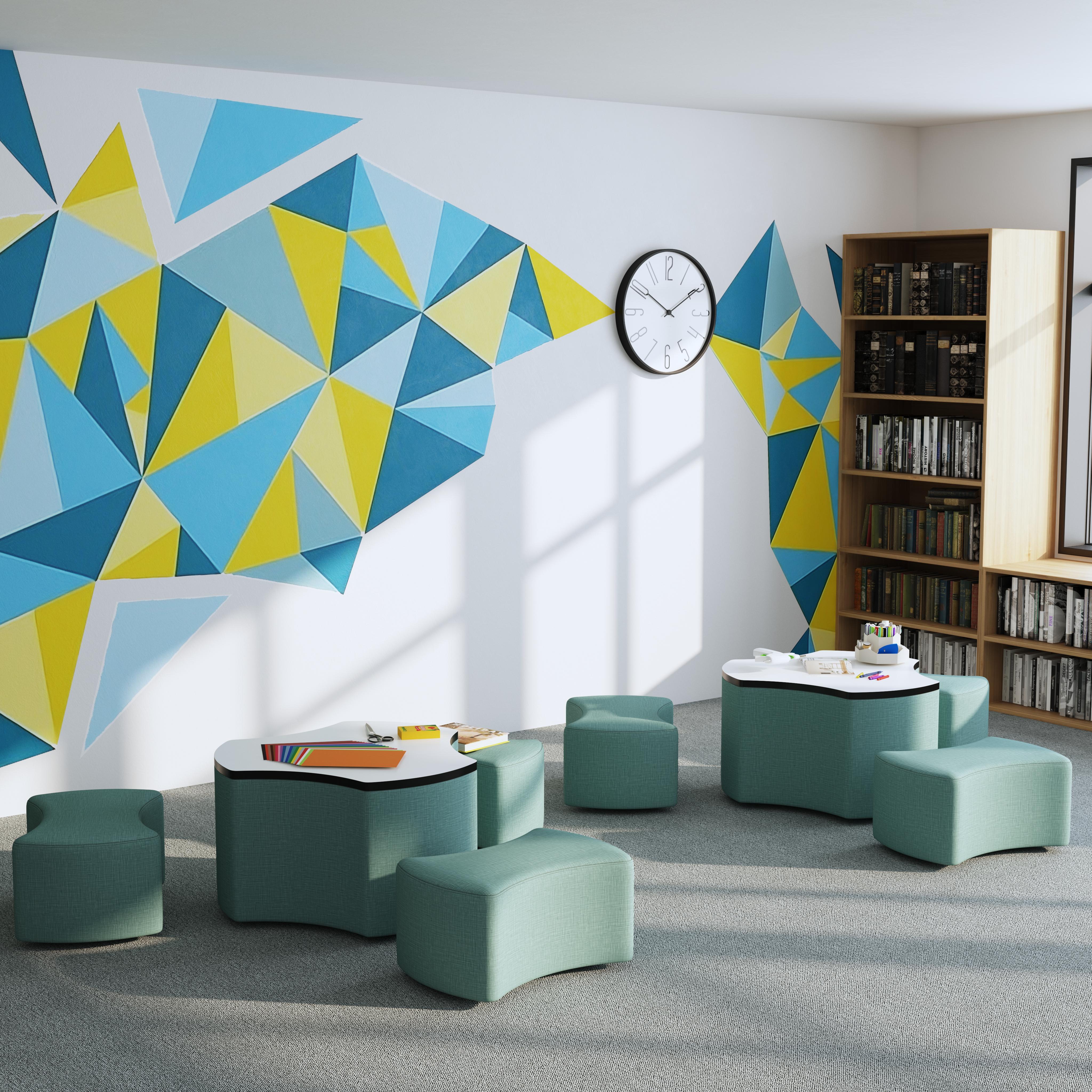 Pro Series Dry-Erase Cog Ottoman Table with Bowtie 12" H Seating, 4-Piece Set - Sky Blue Crosshatch/Whiteboard