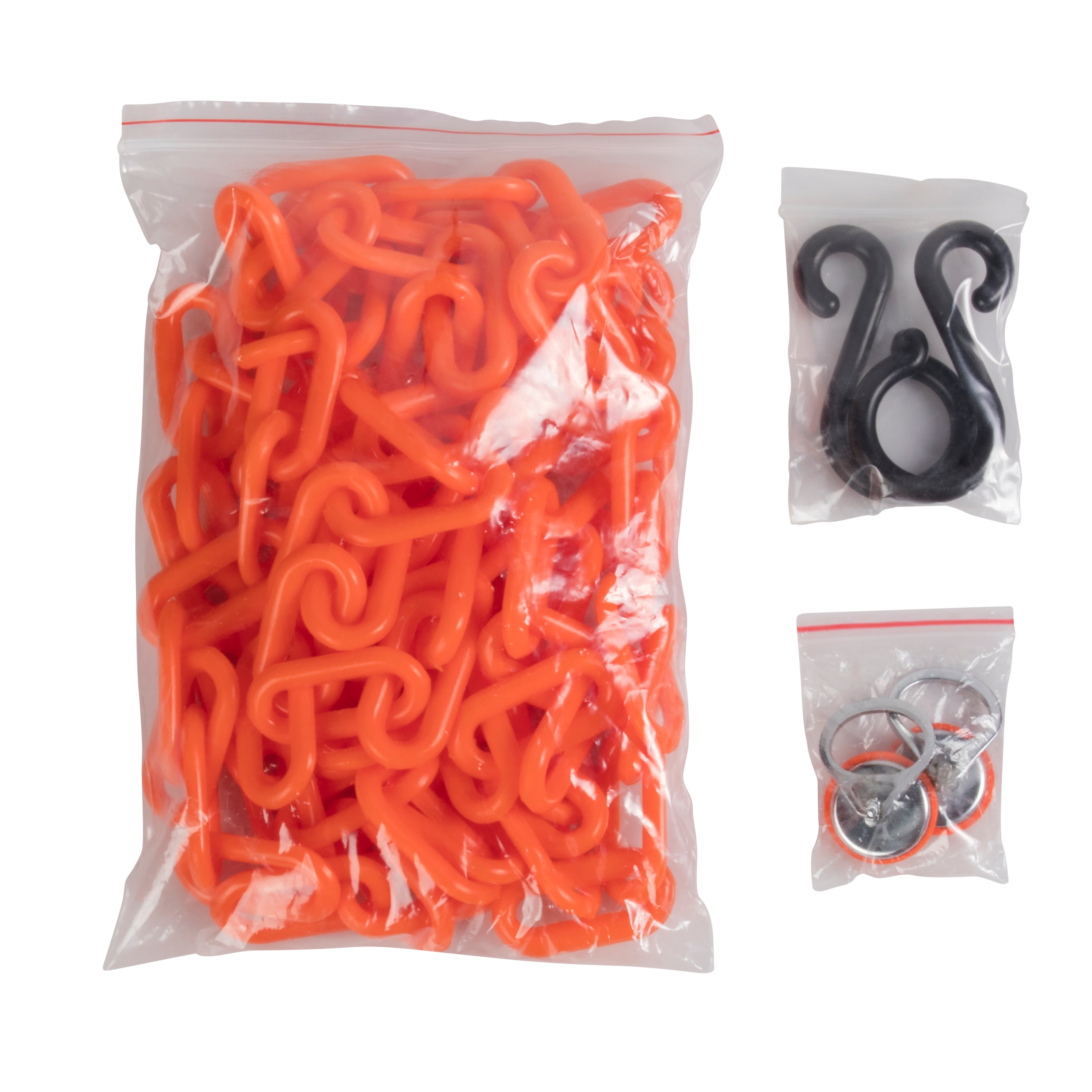2 S‐Hooks, 2 Magnetic Wall Hooks, 10' of 2" Orange chain