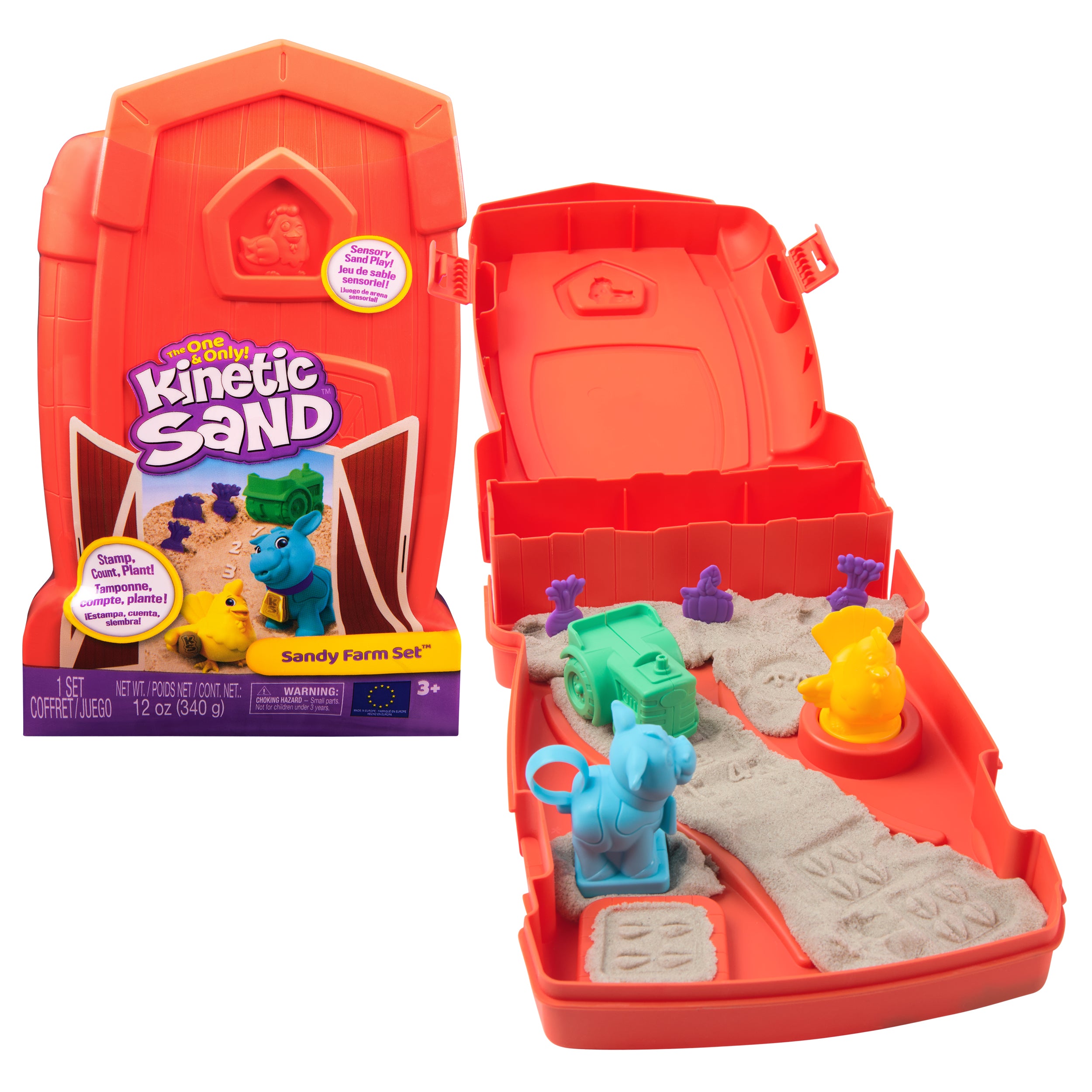 Kinetic Sand, Sandy Farm Set with 12oz Play Sand, 6 Tools & Molds, Reusable Barn Storage Case, Toddler Toys, Kids Toys for Girls & Boys Ages 3 and up