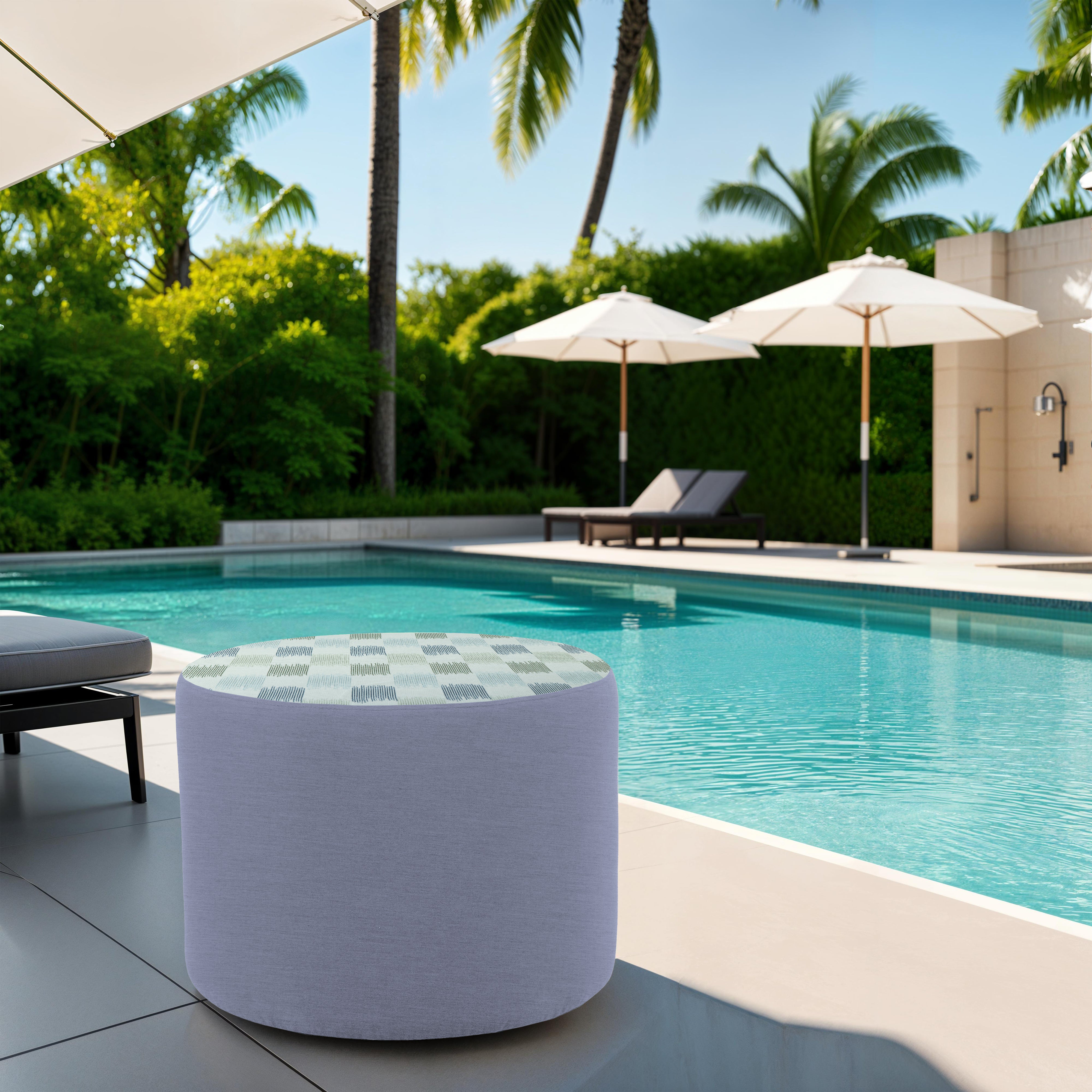 Outdoor 24" Round Ottoman with Sunbrella, 18" H - Dream Mist/Canvas Haze