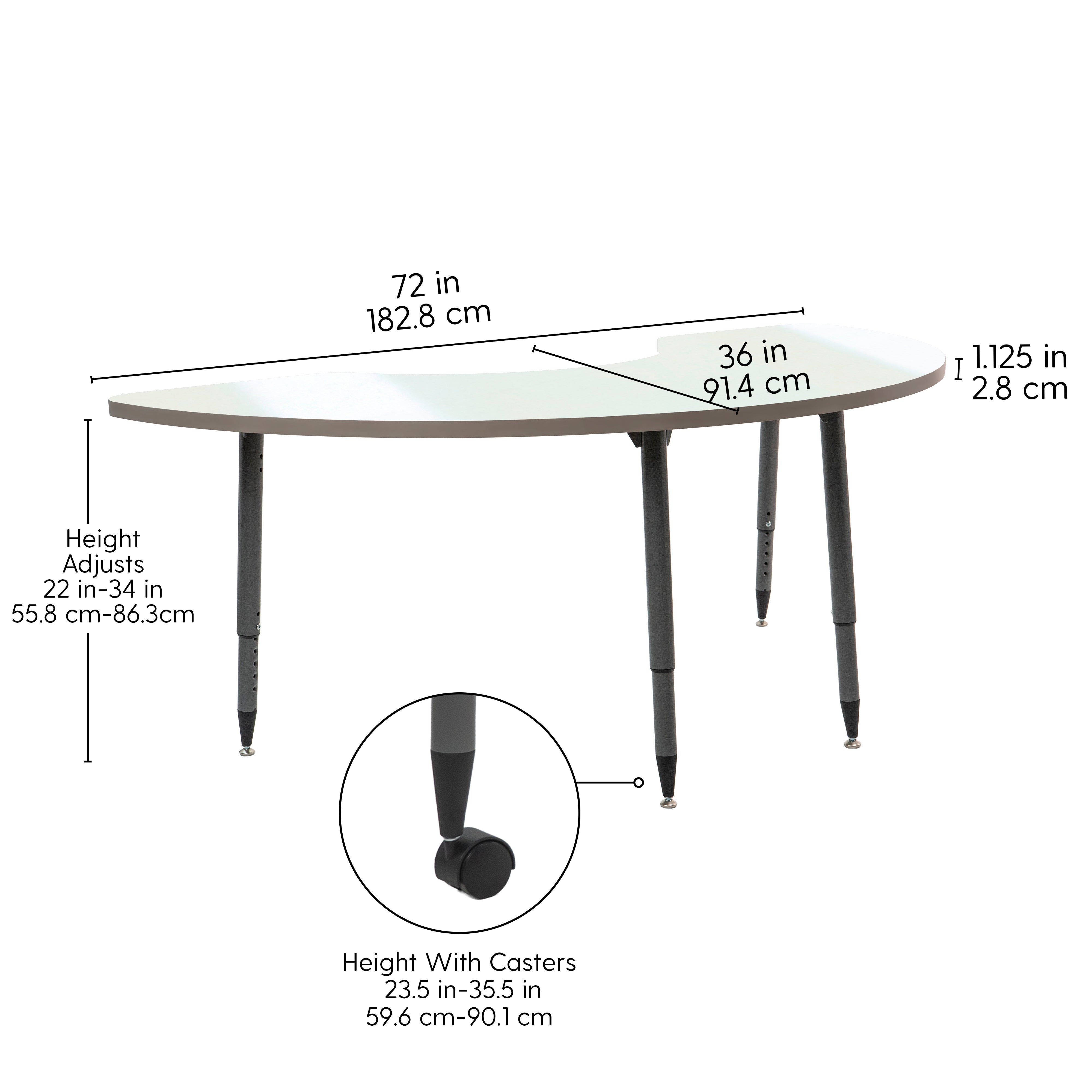 Adapte 36" x 72" Half Moon Dry-Erase Activity Table with Adjustable Tapered Legs - Whiteboard/North Sea