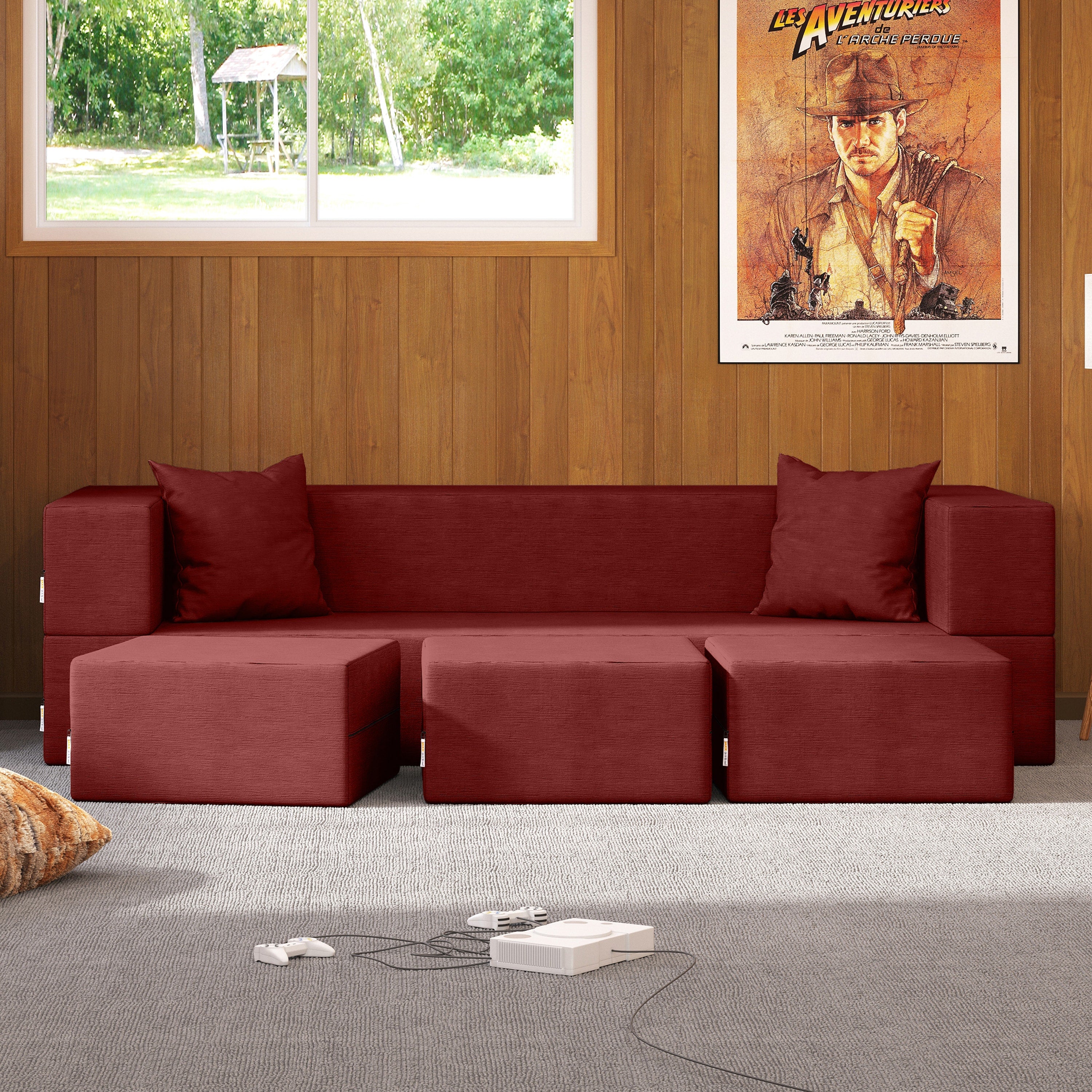 Jaxx Zipline Convertible Sleeper Sofa & Three Ottomans/California King-Size Bed, Textured Microvelvet - Berry Red