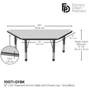 30" x 60" Trapezoid T-Molding Activity Table with Adjustable Chunky Legs - Gray/Black