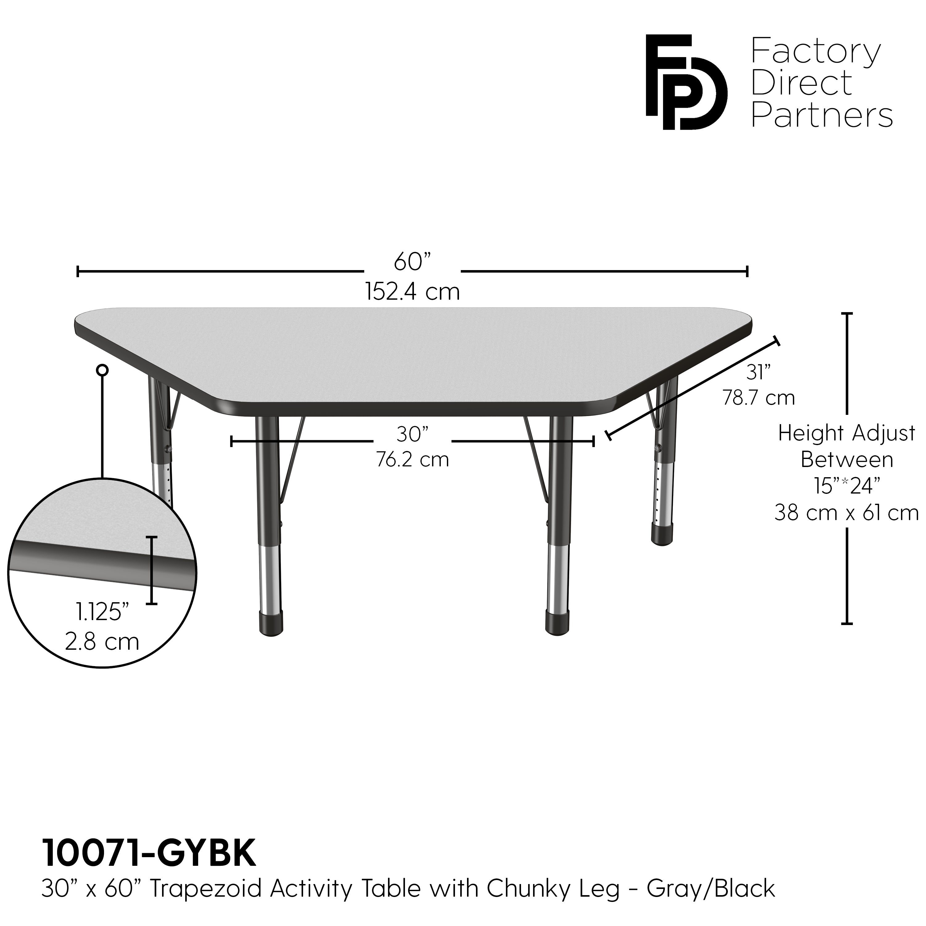30" x 60" Trapezoid T-Molding Activity Table with Adjustable Chunky Legs - Gray/Black