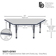 30" x 60" Trapezoid T-Molding Activity Table with Adjustable Chunky Legs - Gray/Navy
