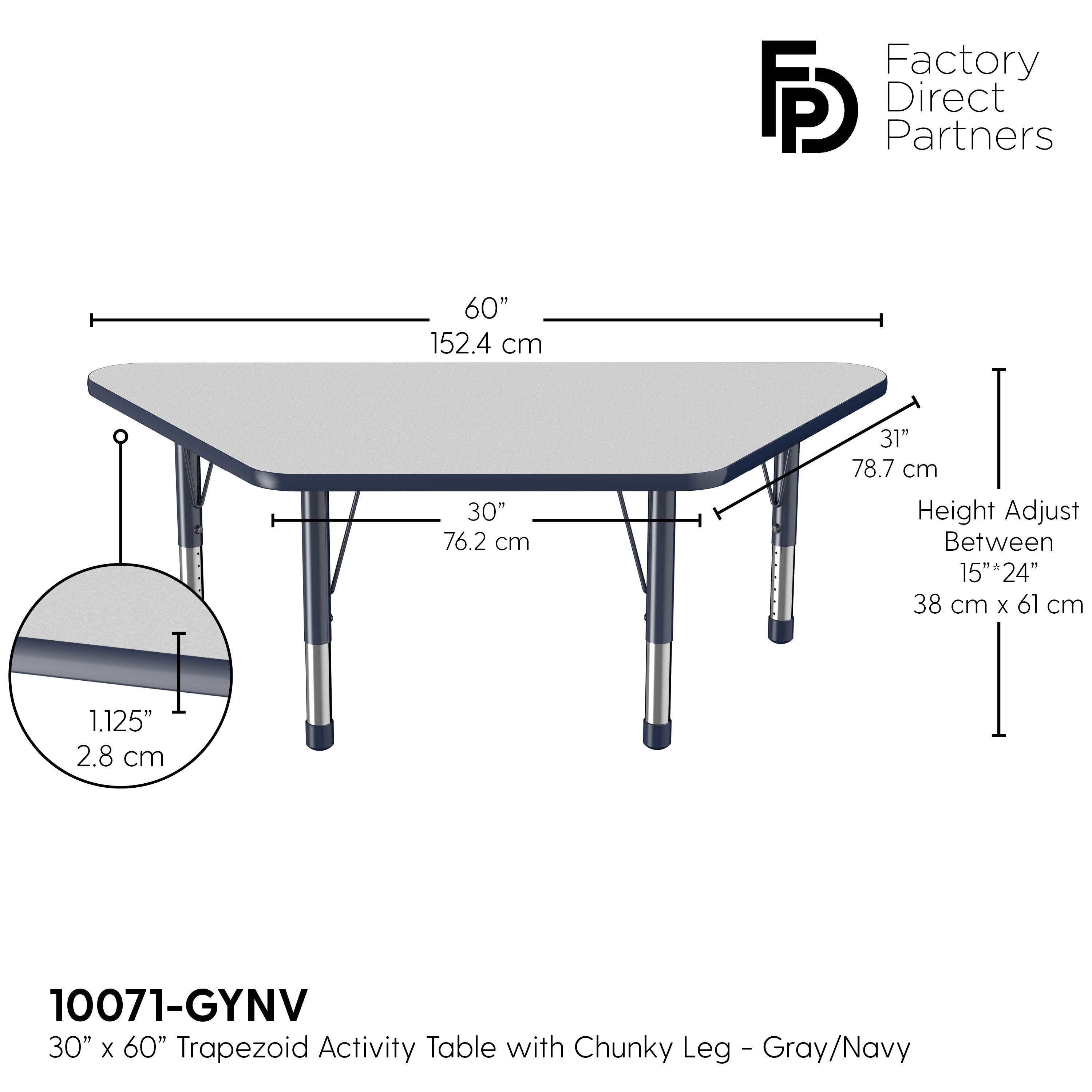 30" x 60" Trapezoid T-Molding Activity Table with Adjustable Chunky Legs - Gray/Navy