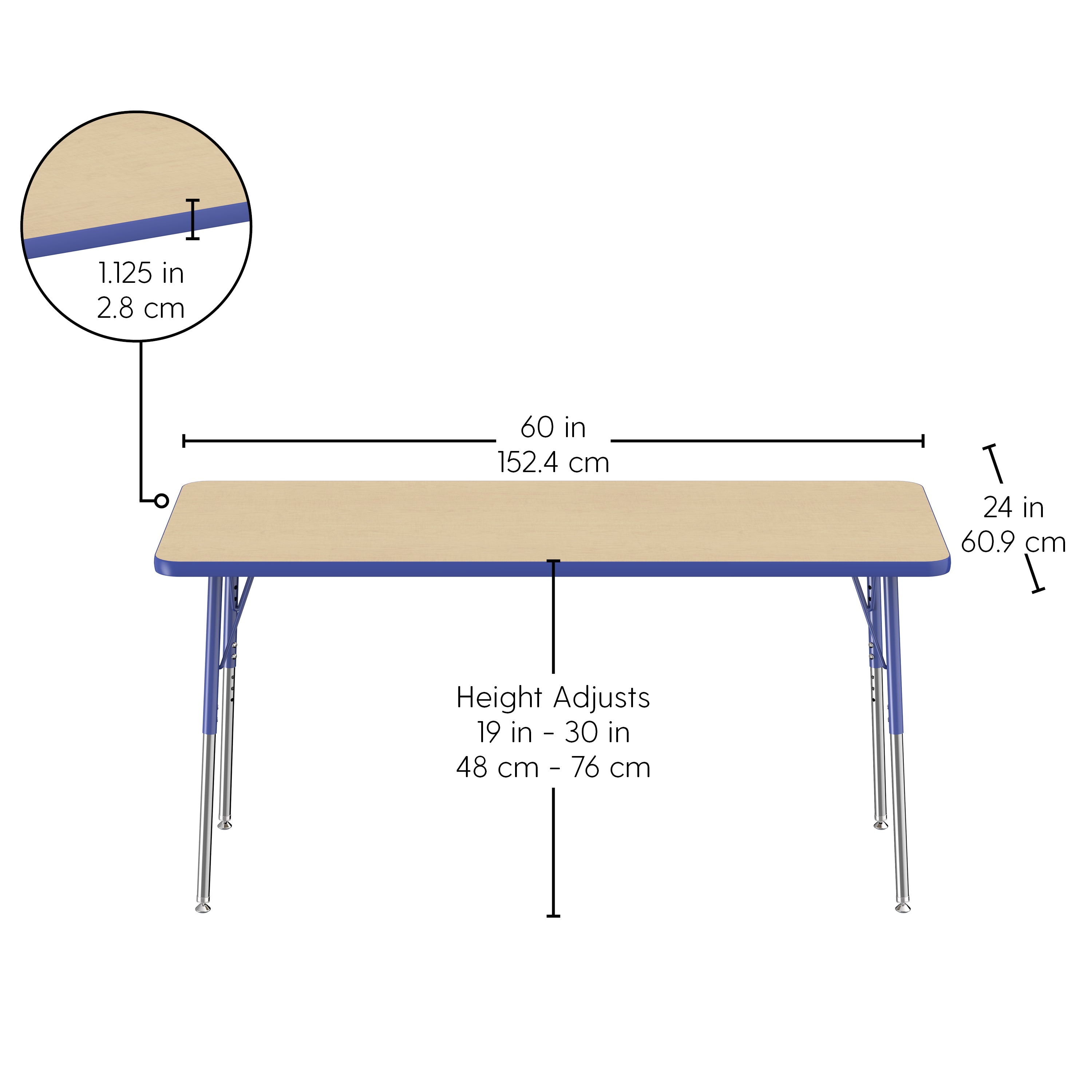 24" x 60" Rectangle T-Molding Activity Table with Adjustable Standard Swivel Glide Legs - Maple/Blue