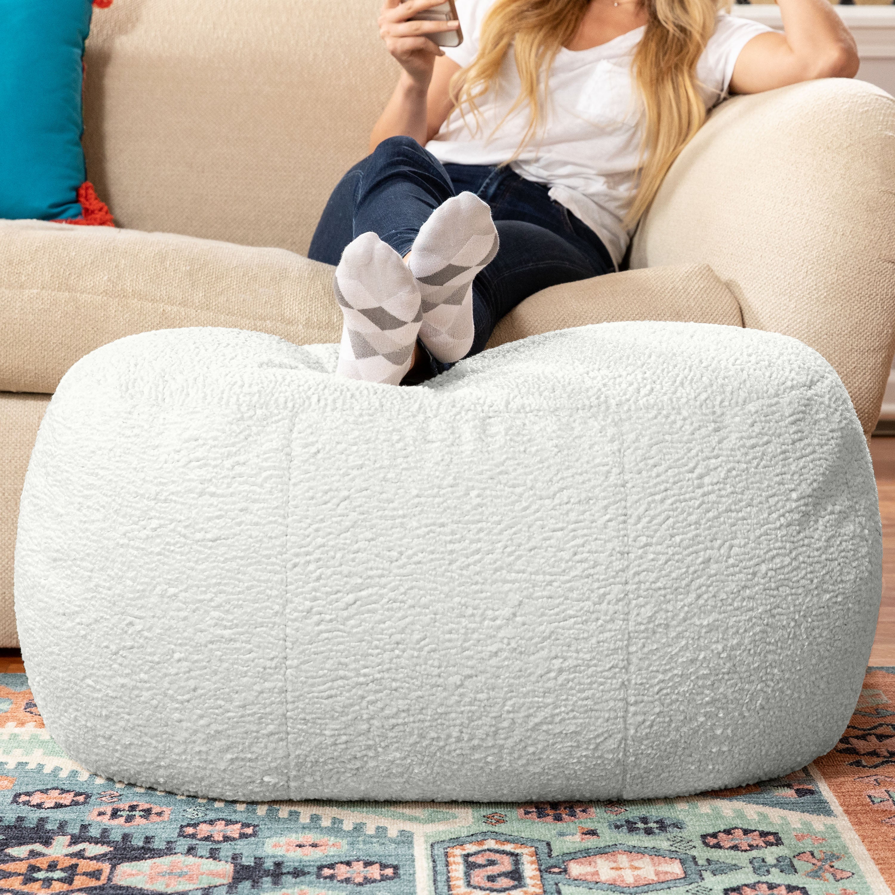 Jaxx Ellis Ottoman Shearling Faux-Lamb Plush Pouf for Modern Interior Design, Oval, Cloud