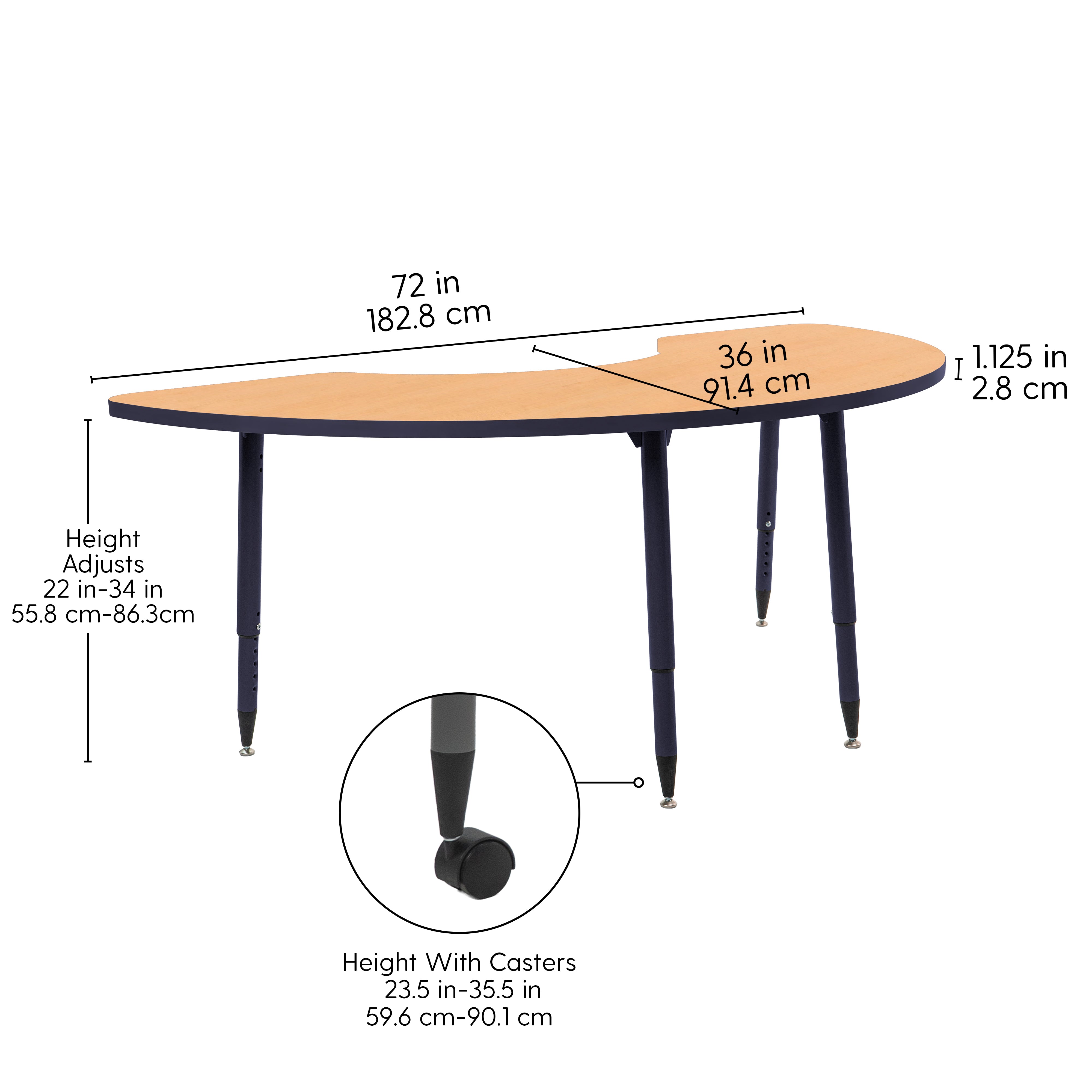 Adapte 36" x 72" Half Moon Thermofused Activity Table with Adjustable Tapered Legs - Maple/Navy