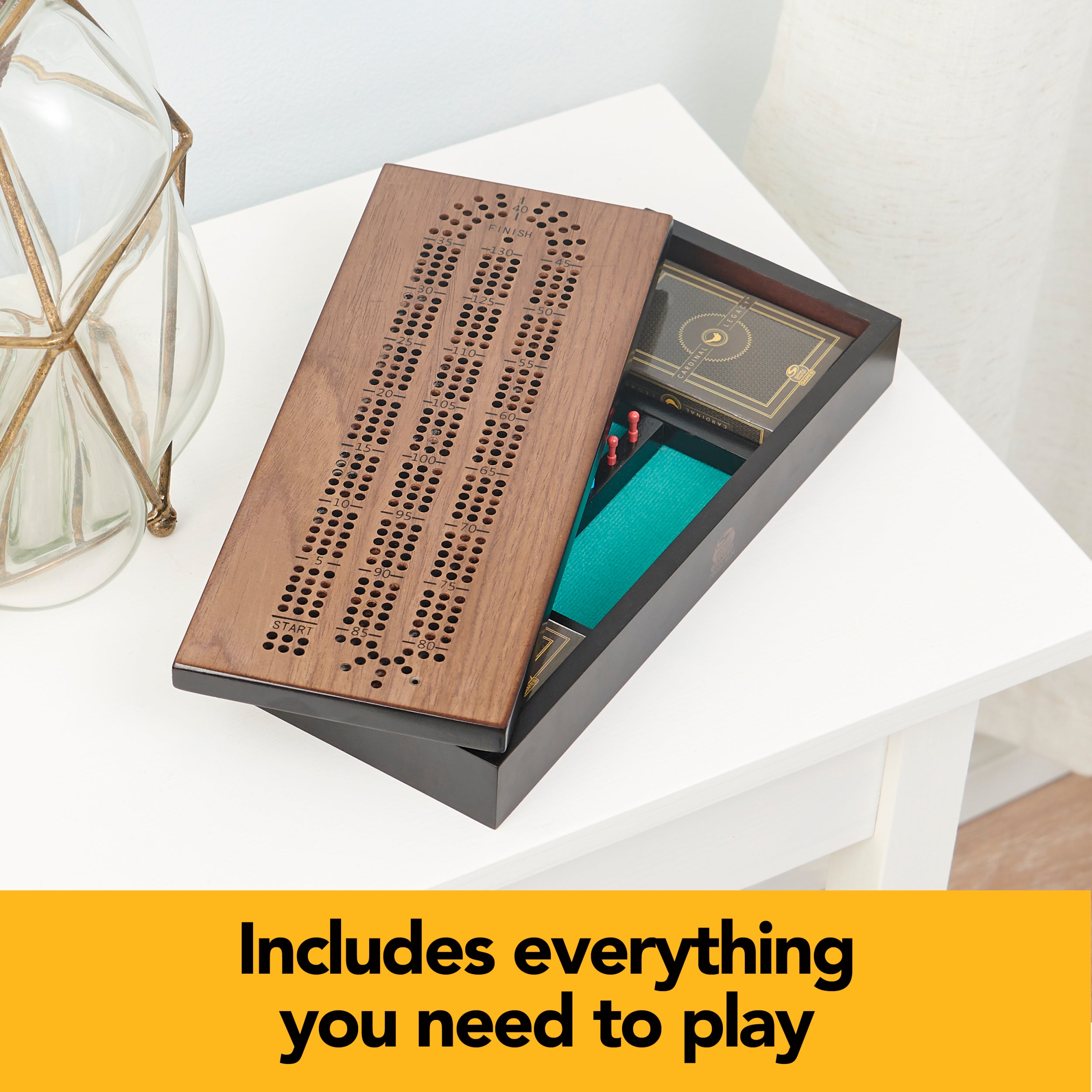 Legacy Deluxe Cribbage Classic Game with Lined Wooden Case and Colored Metal Movers, Family Game for 2 to 4 Players Ages 8 and up