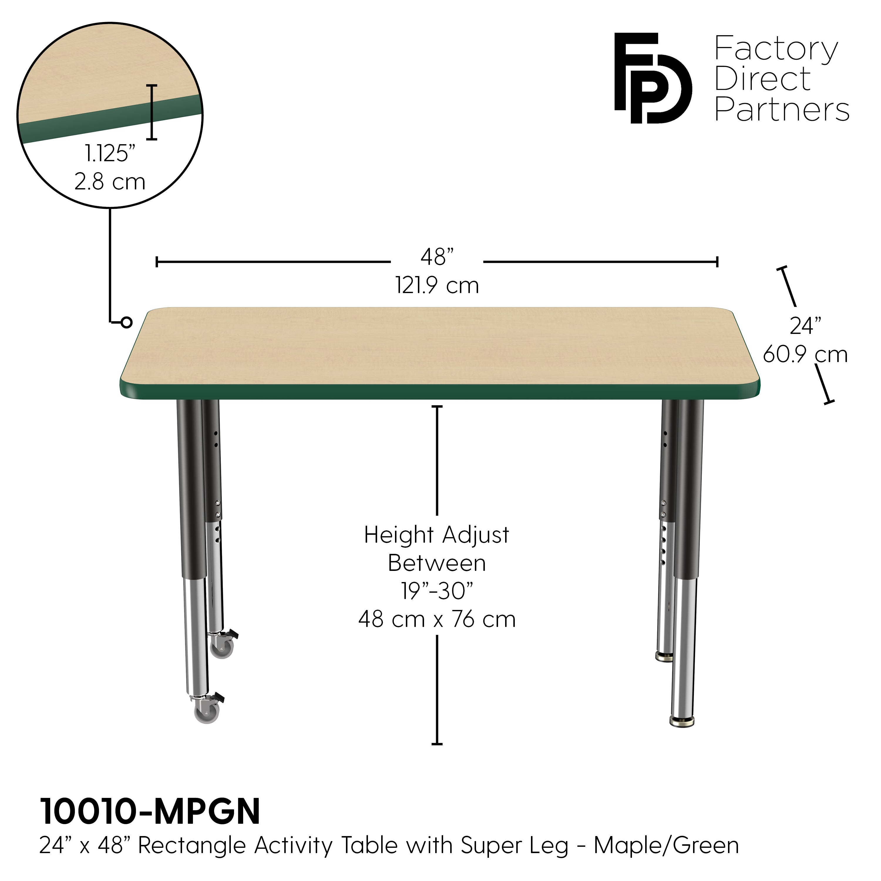 24" x 48" Rectangle T-Molding Activity Table with Adjustable Super Legs - Maple/Green/Black
