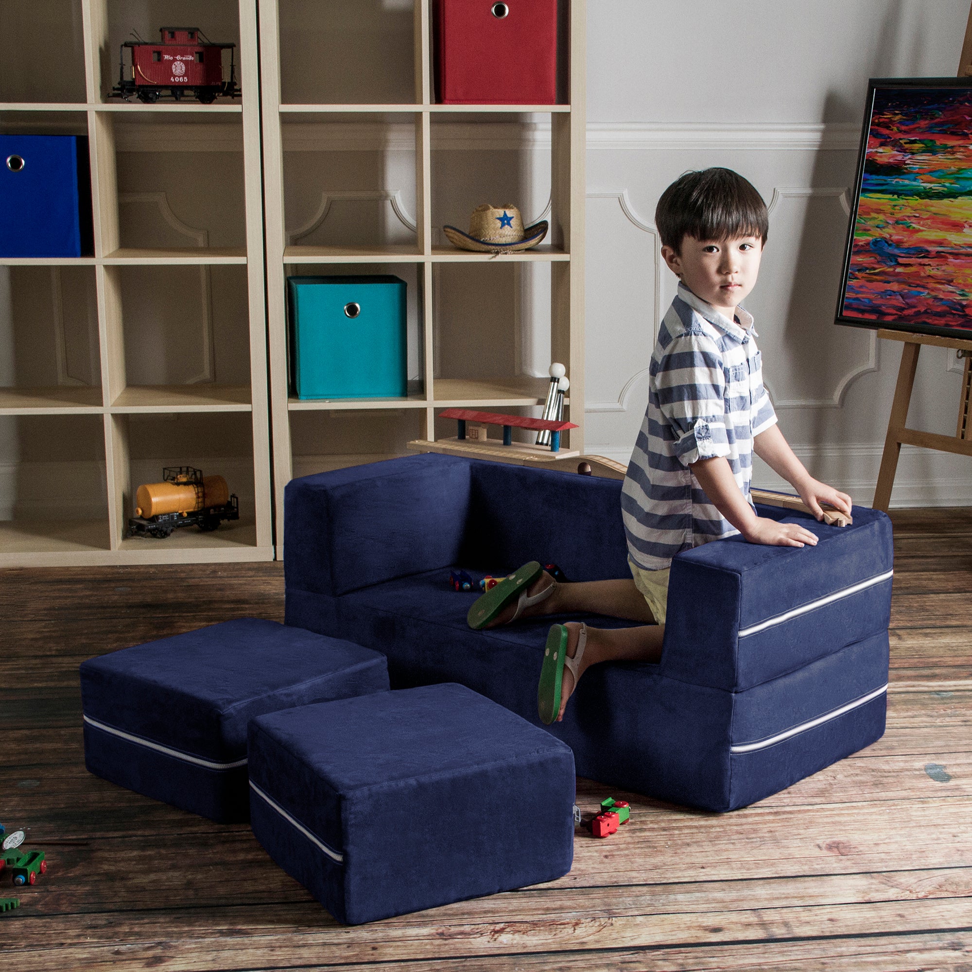 Jaxx Zipline Kids Modular Loveseat & Ottomans/Fold Out Lounger, Navy