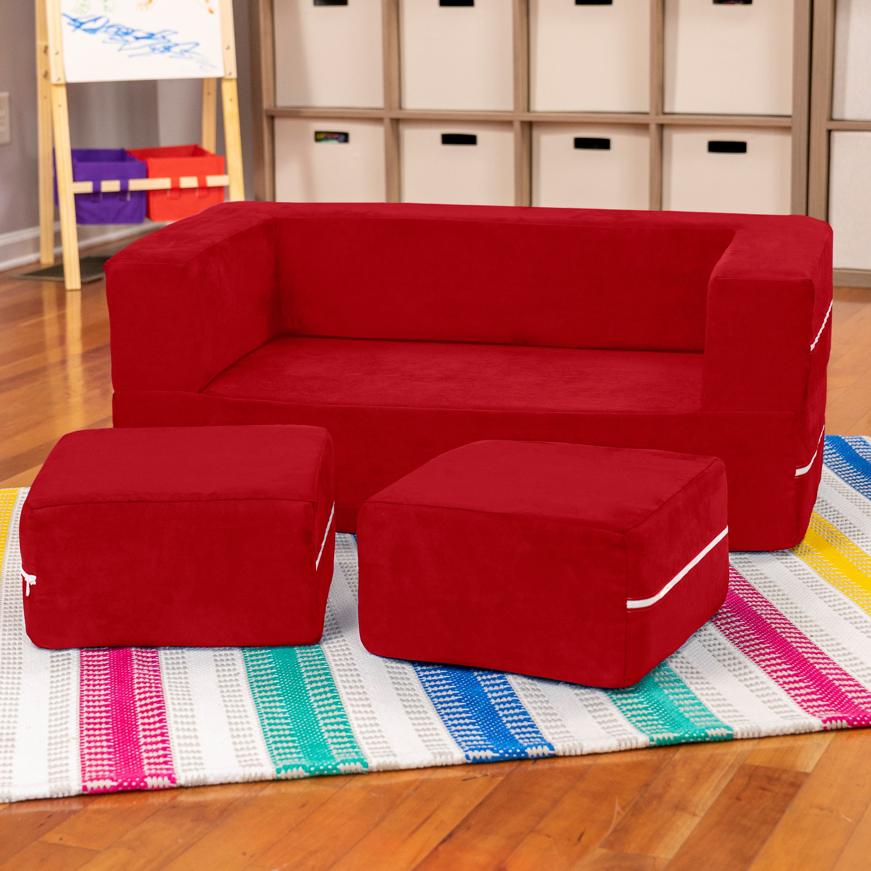 Jaxx Zipline Kids Modular Loveseat & Ottomans/Fold Out Lounger, Cherry