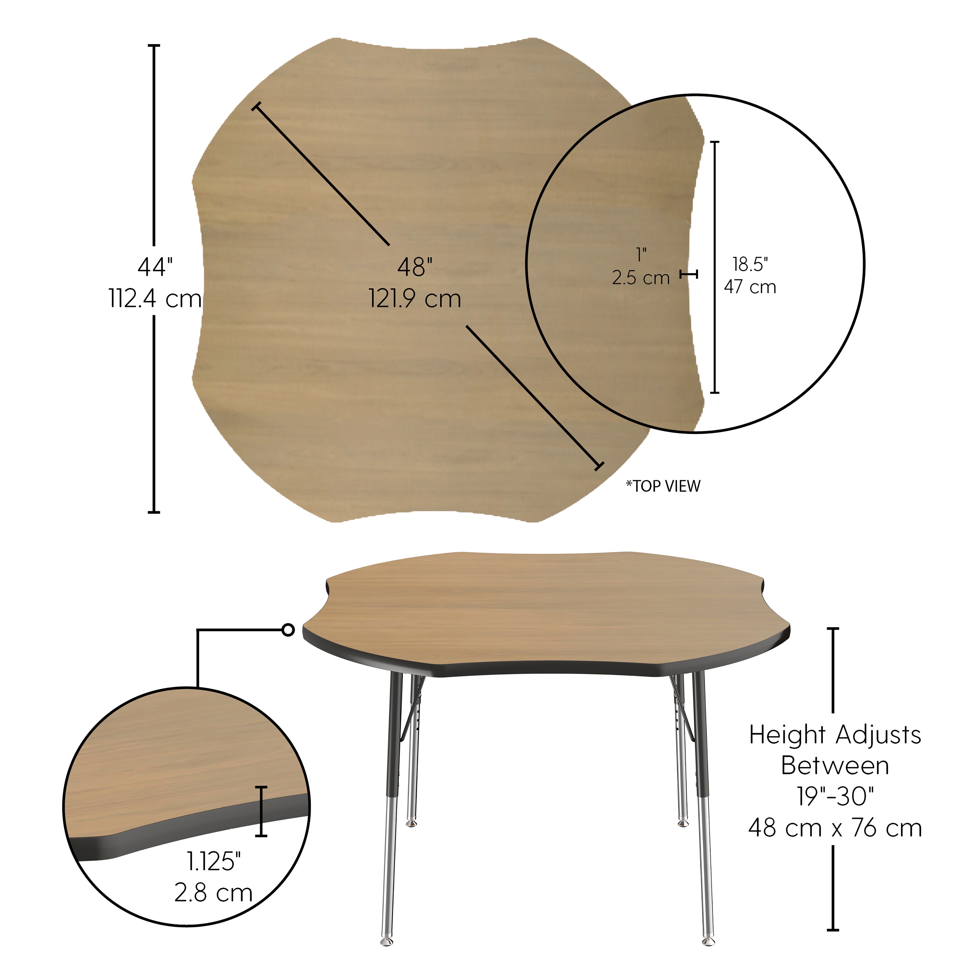 48" x 48" Clover T-Molding Activity Table with Adjustable Standard Swivel Glide Legs - Pasadena Oak/Black