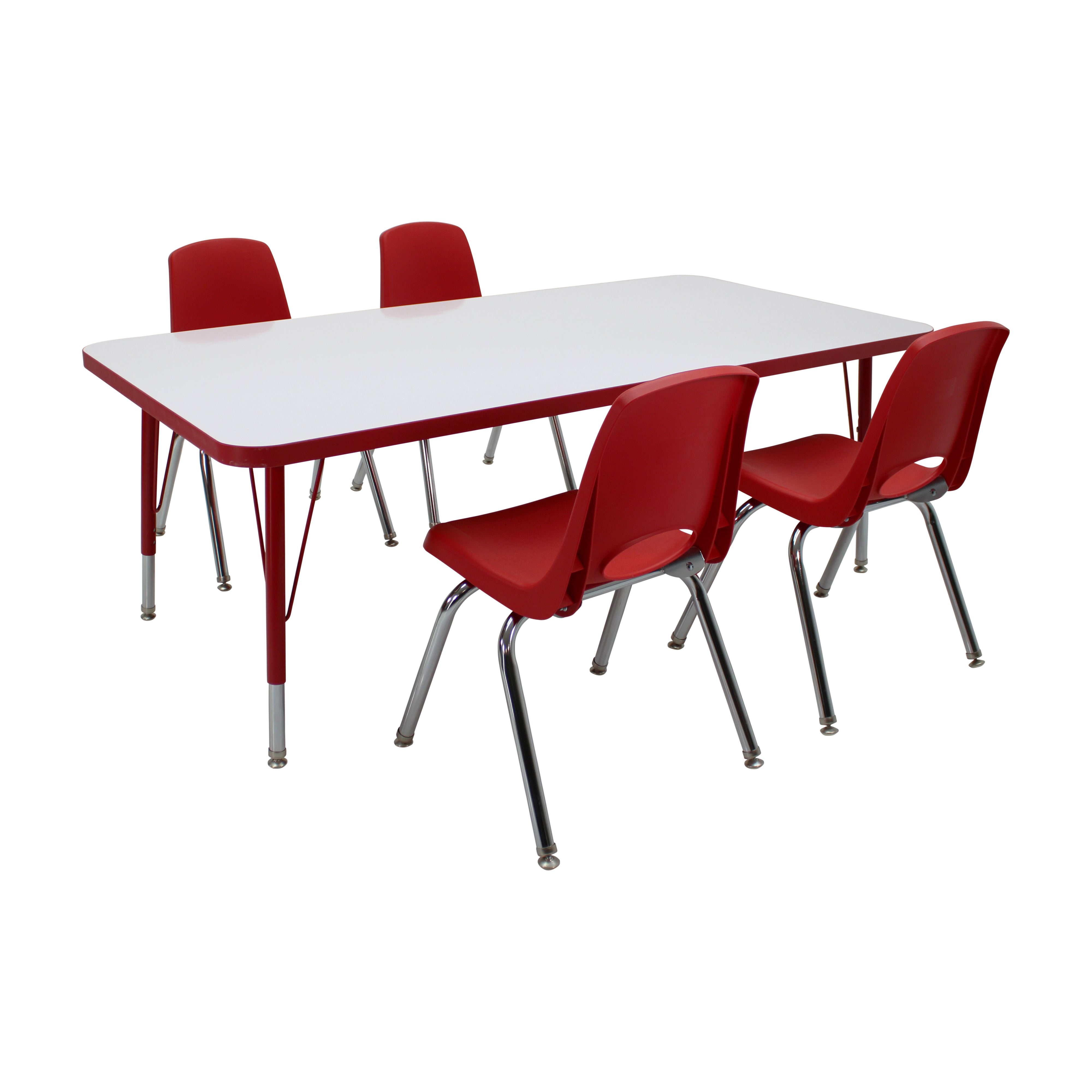30" x 60" Rectangle Dry-Erase Activity Table with Standard Legs and 14" Stack Chairs with Swivel Glides, 5-Piece Set - Whiteboard/Red