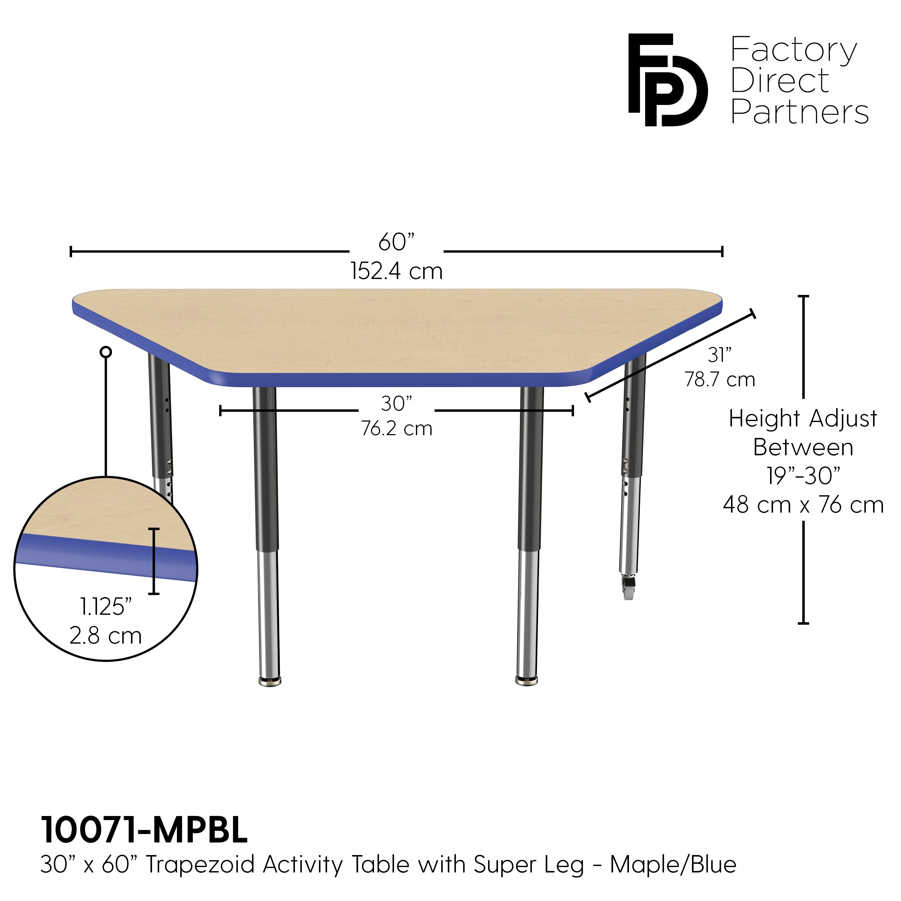 30" x 60" Trapezoid T-Molding Activity Table with Adjustable Super Legs - Maple/Blue/Black