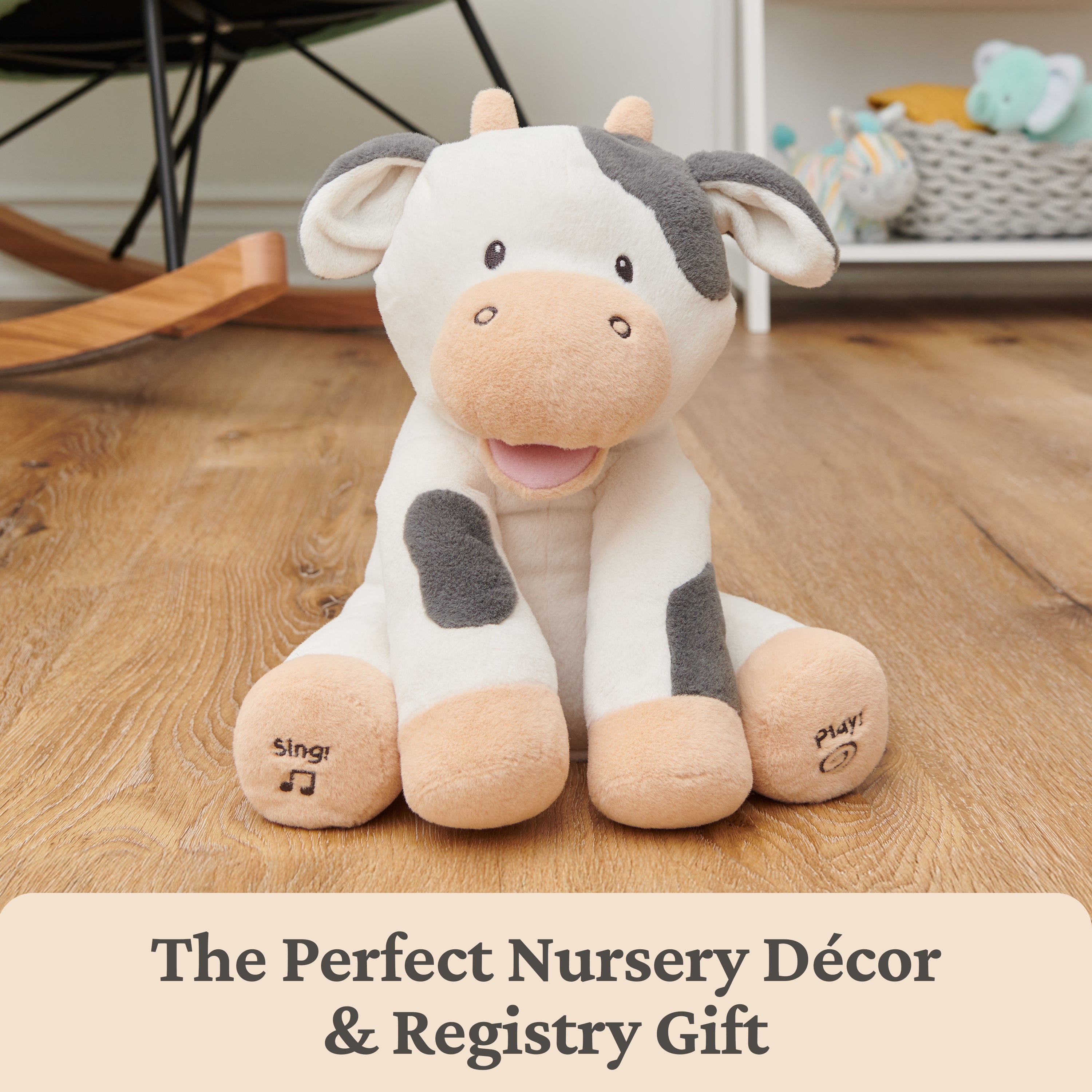 Baby GUND Buttermilk the Cow Animated Plush, Singing Stuffed Animal Sensory Toy, Sings Old MacDonald and Teaches Animal Sounds, Cream/Grey, 12”