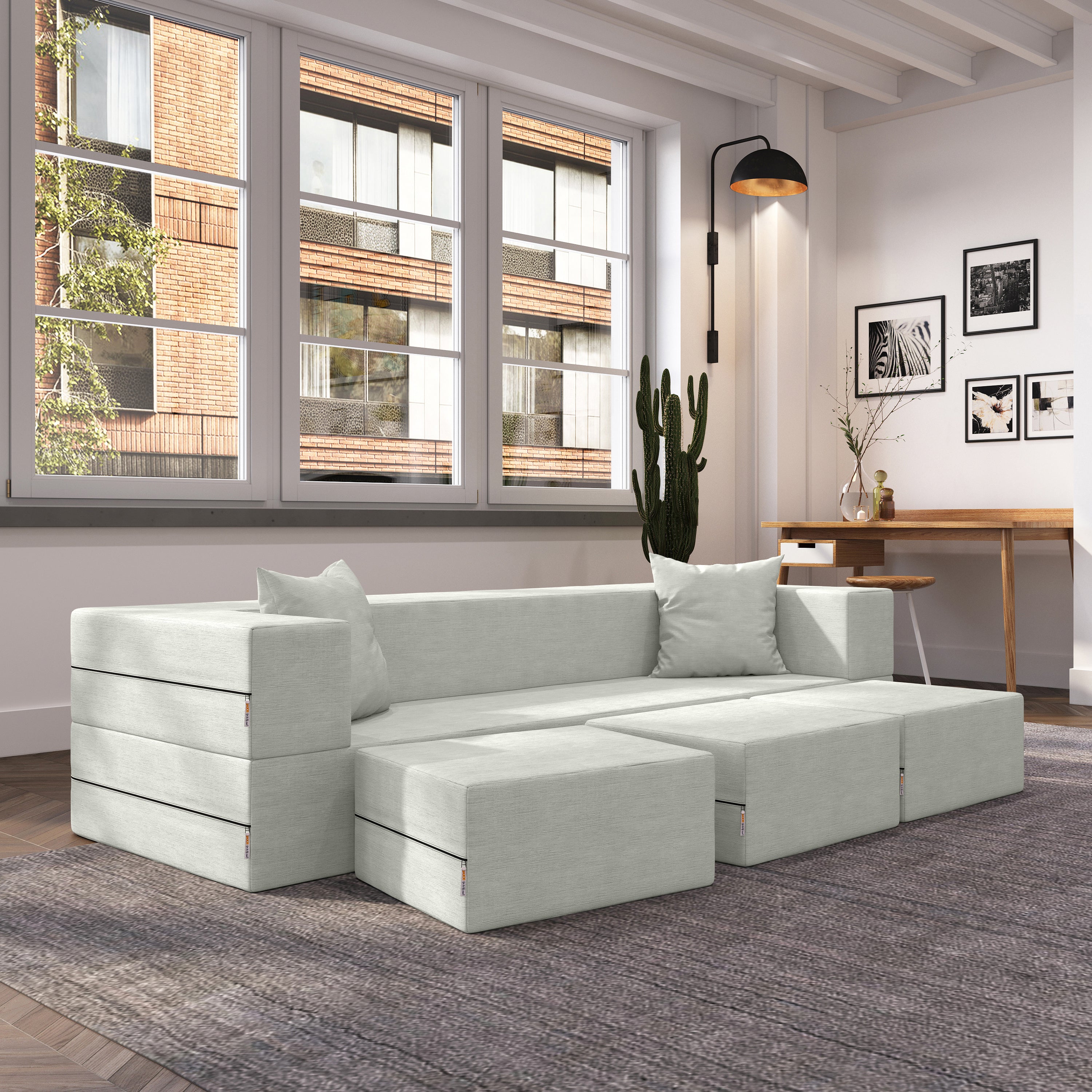 Jaxx Zipline Convertible Sleeper Sofa & Three Ottomans/California King-Size Bed, Textured Microvelvet - Ice