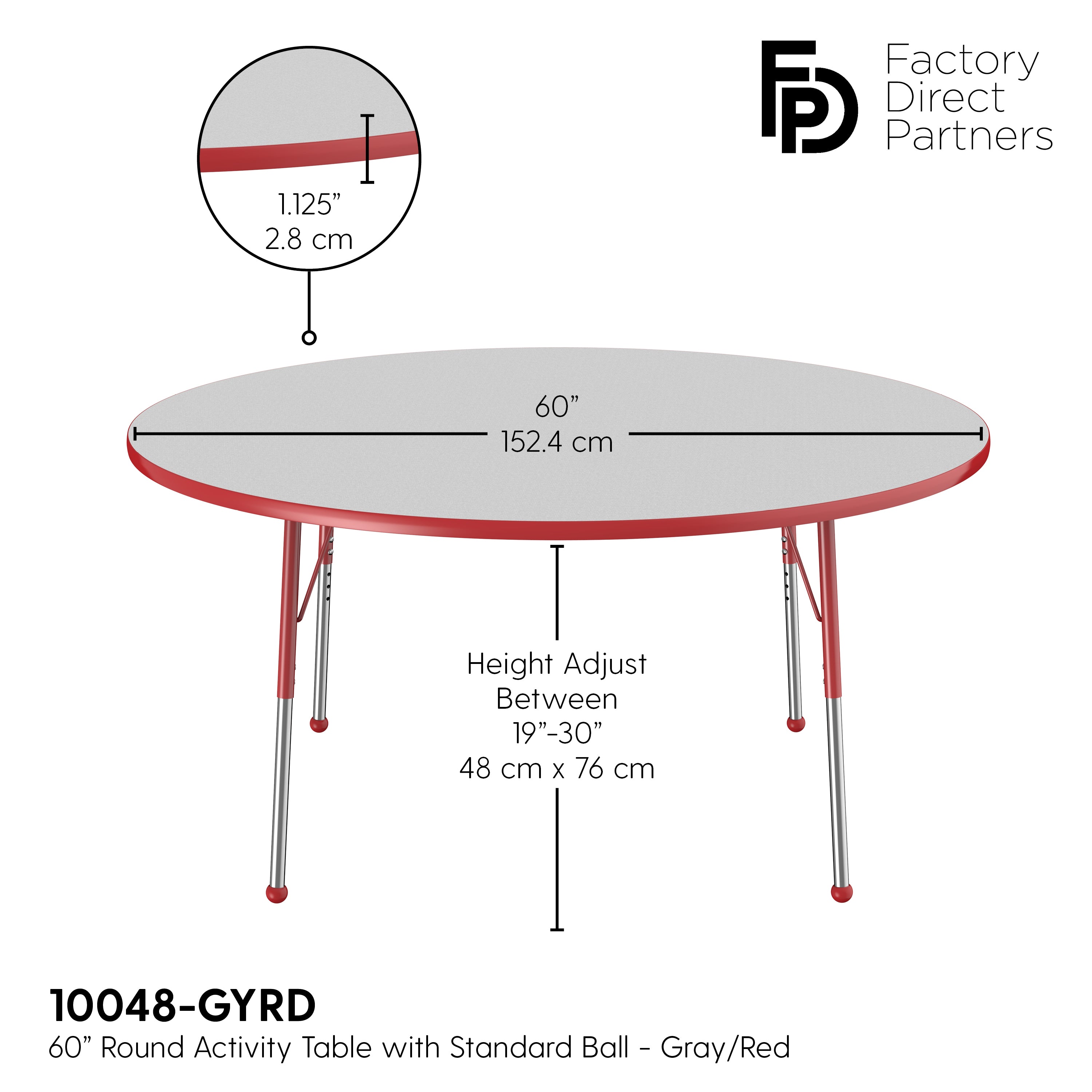 60" Round T-Molding Activity Table with Adjustable Standard Ball Glide Legs - Gray/Red