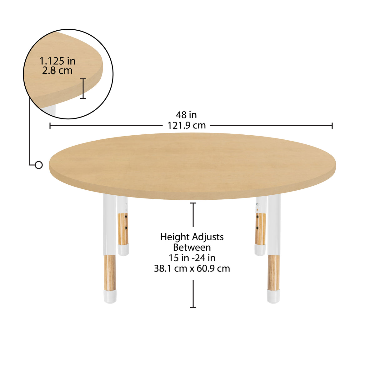 48" x 48" Round Thermofused Activity Table with Adjustable Chunky Wood Legs - Maple Grain/White/Natural