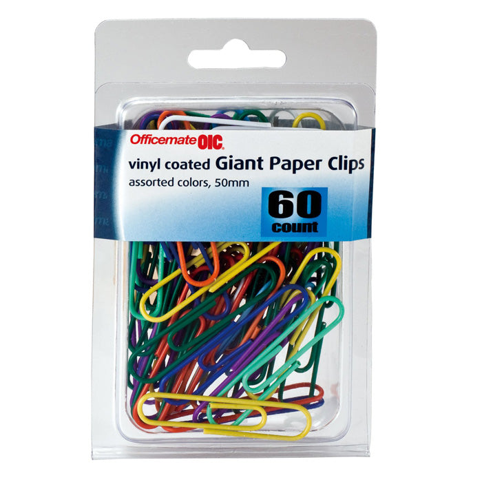 Paper Clips, Giant, Vinyl Coated, Assorted Colors, 60/Pack