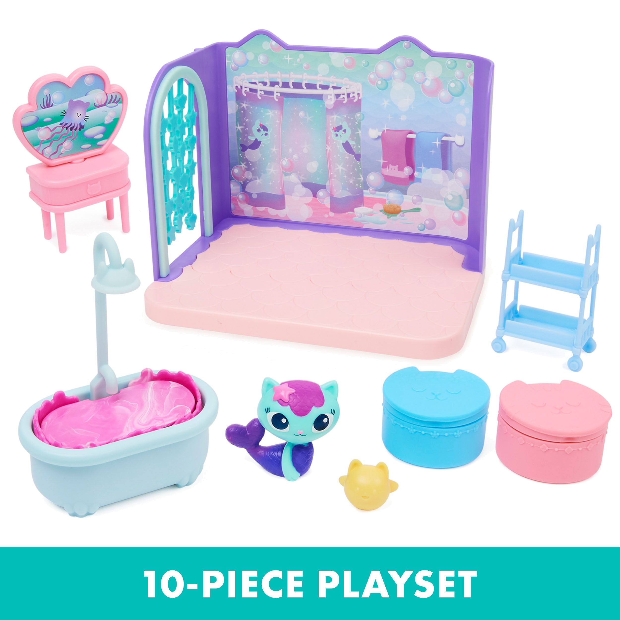 Gabby’s Dollhouse, Primp and Pamper Bathroom with MerCat Figure, 3 Accessories, 3 Furniture and 2 Deliveries, Kids Toys for Ages 3 and up