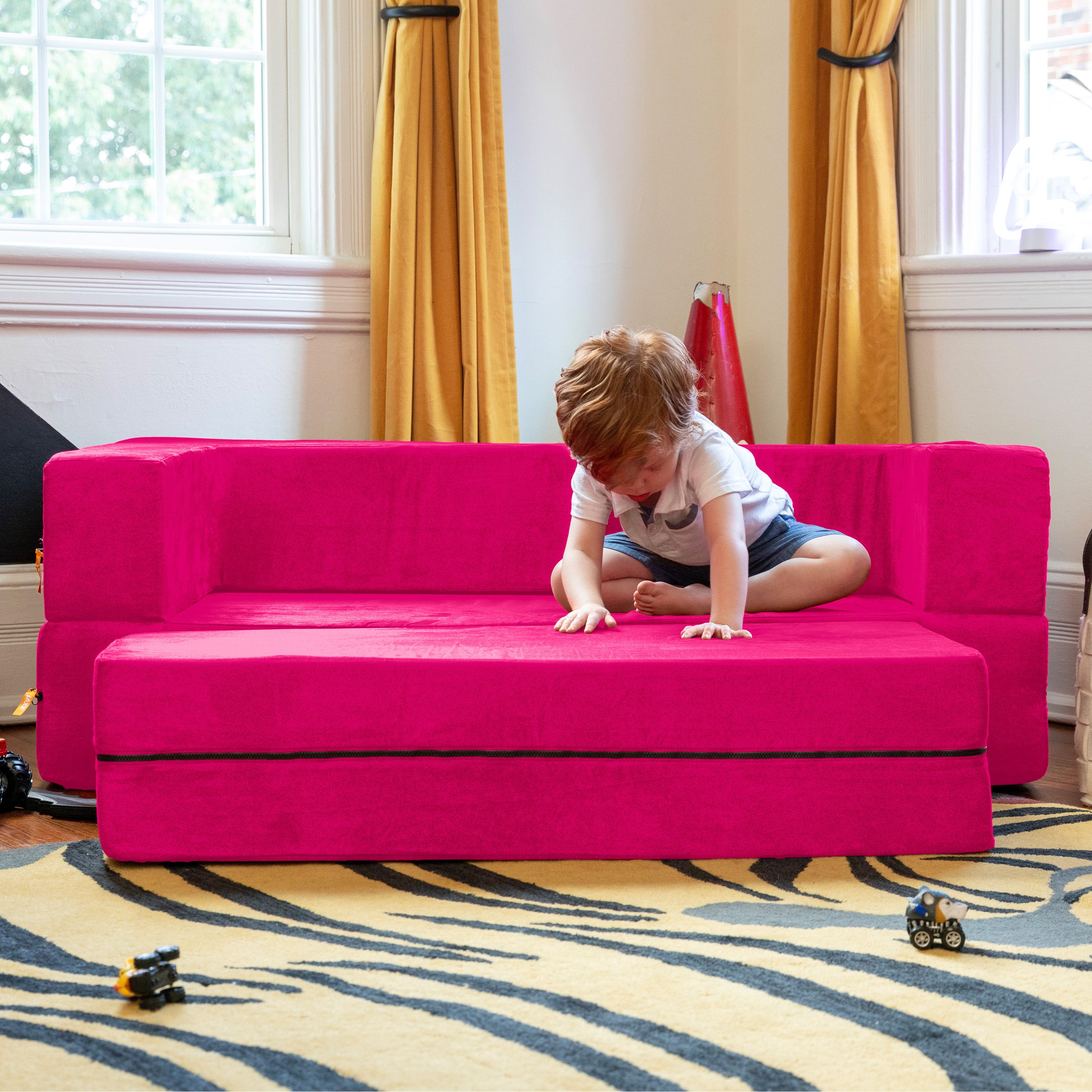 Jaxx Zipline Kids Sofa & Large Ottoman, 3 in 1 Fold Out Sofa, Big Kids Edition, Fuchsia