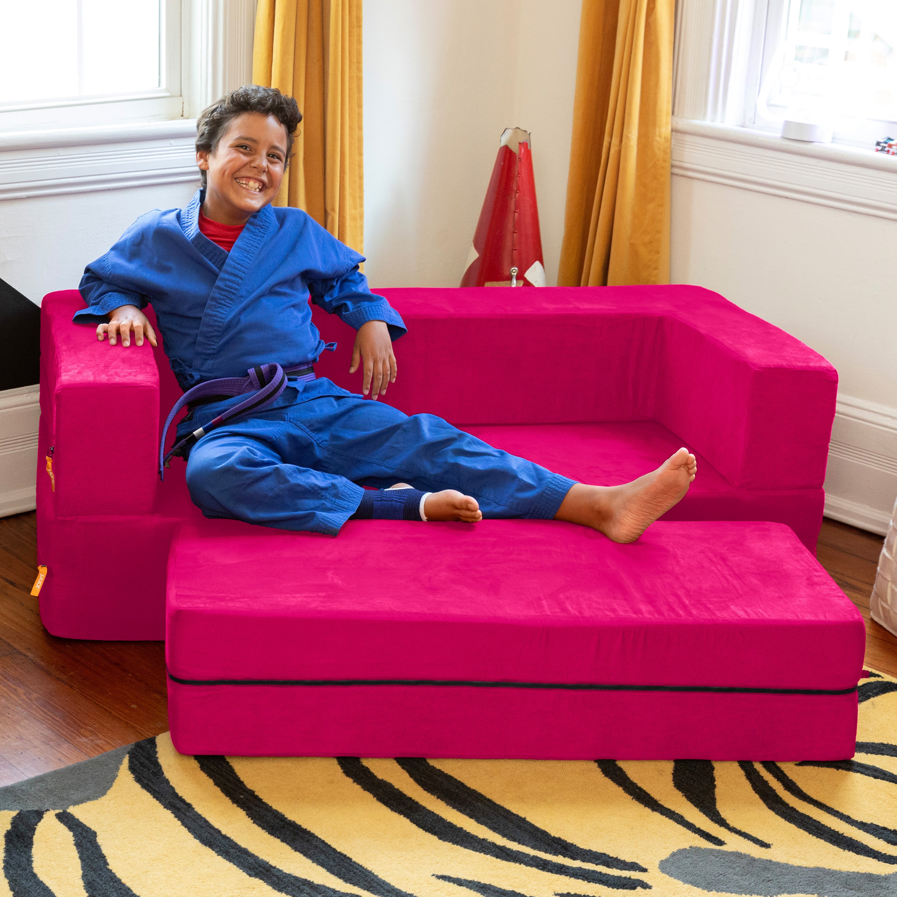 Jaxx Zipline Kids Sofa & Large Ottoman, 3 in 1 Fold Out Sofa, Big Kids Edition, Fuchsia