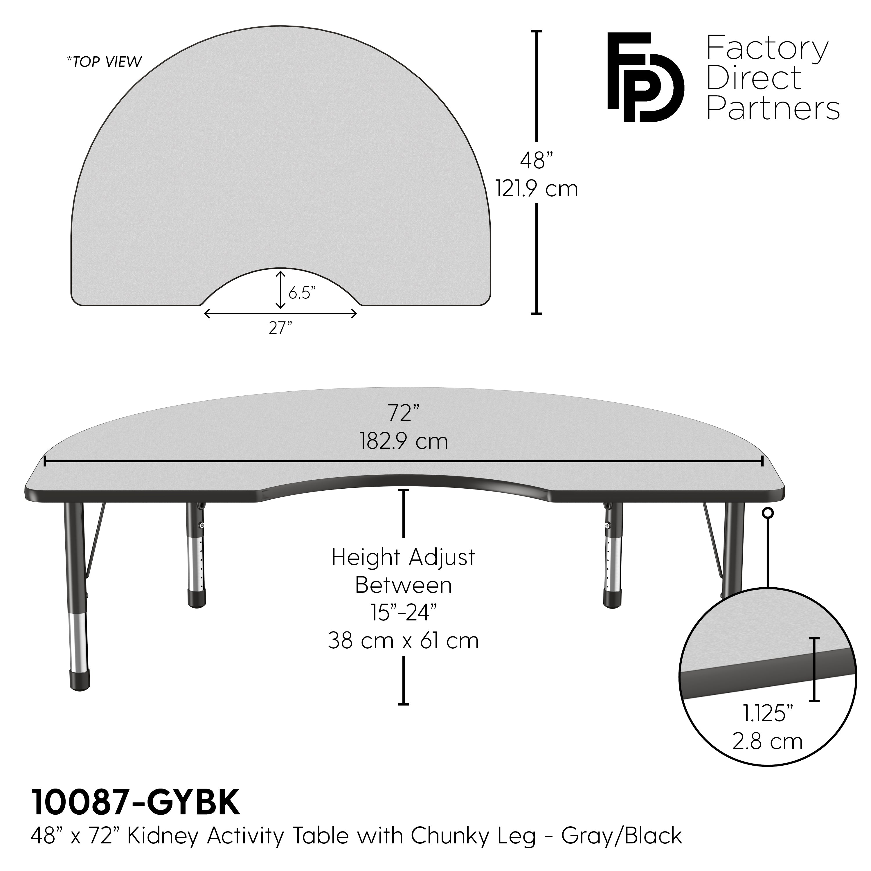 48" x 72" Kidney T-Molding Activity Table with Adjustable Chunky Legs - Gray/Black