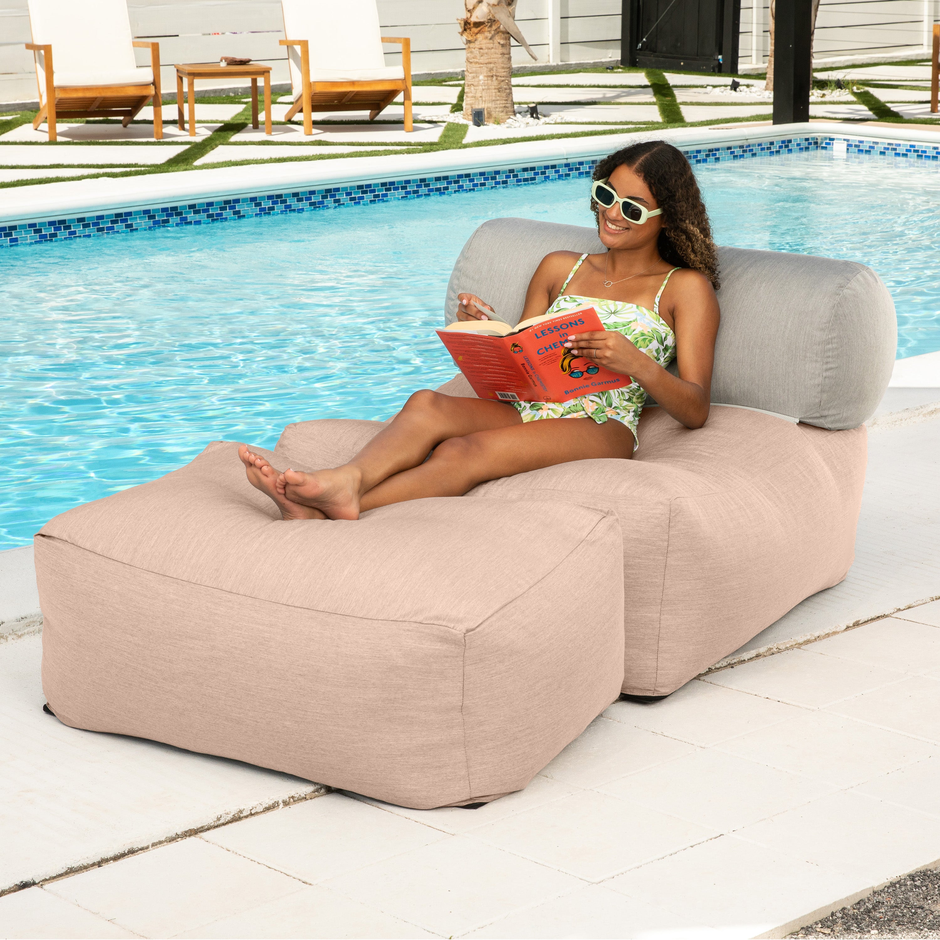 Jaxx Tybee Large Outdoor Lounge w/ Bolster and Ottoman - Sunbrella Petal