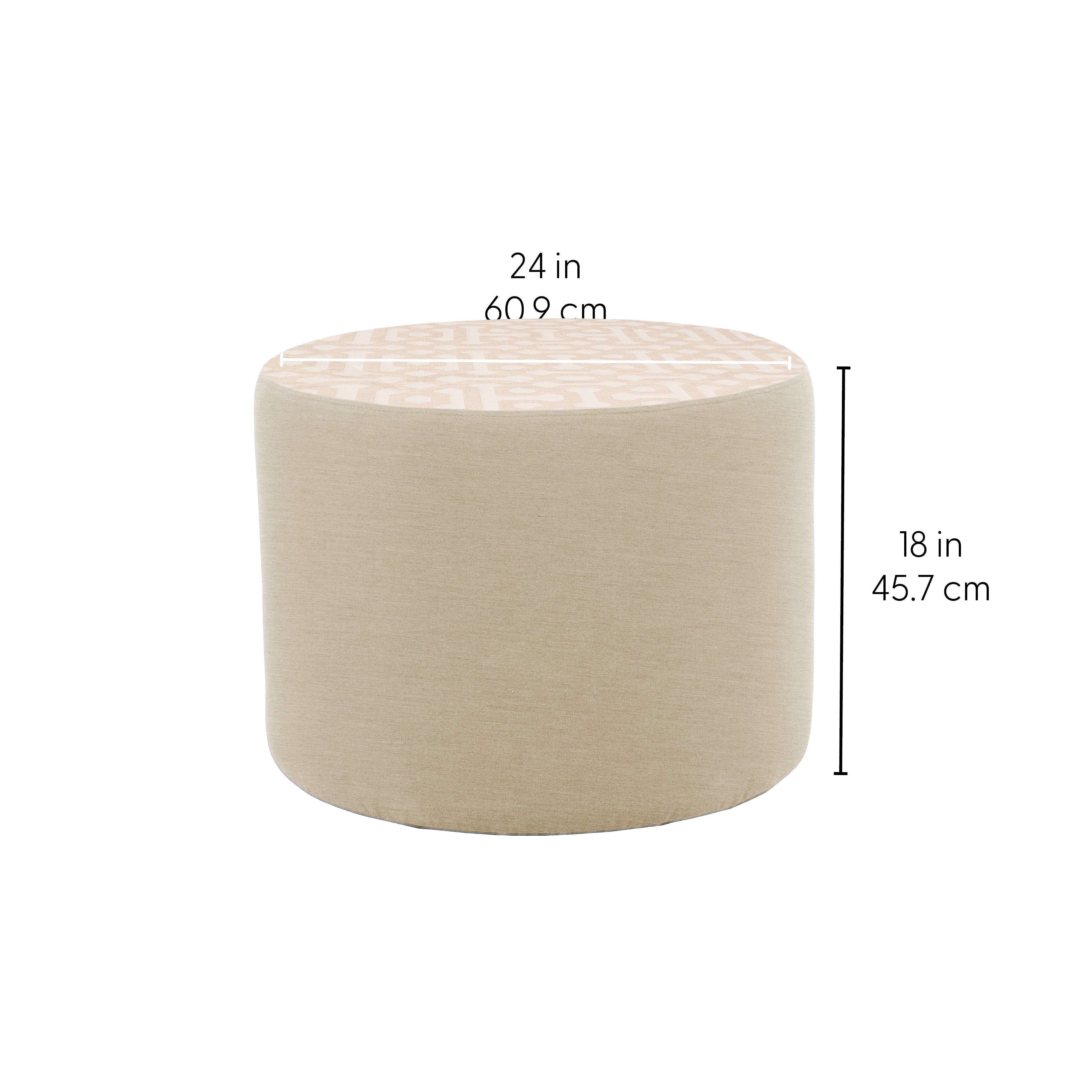 Outdoor 24" Round Ottoman with Sunbrella, 18" H - Fretwork Flax/Spectrum Sand