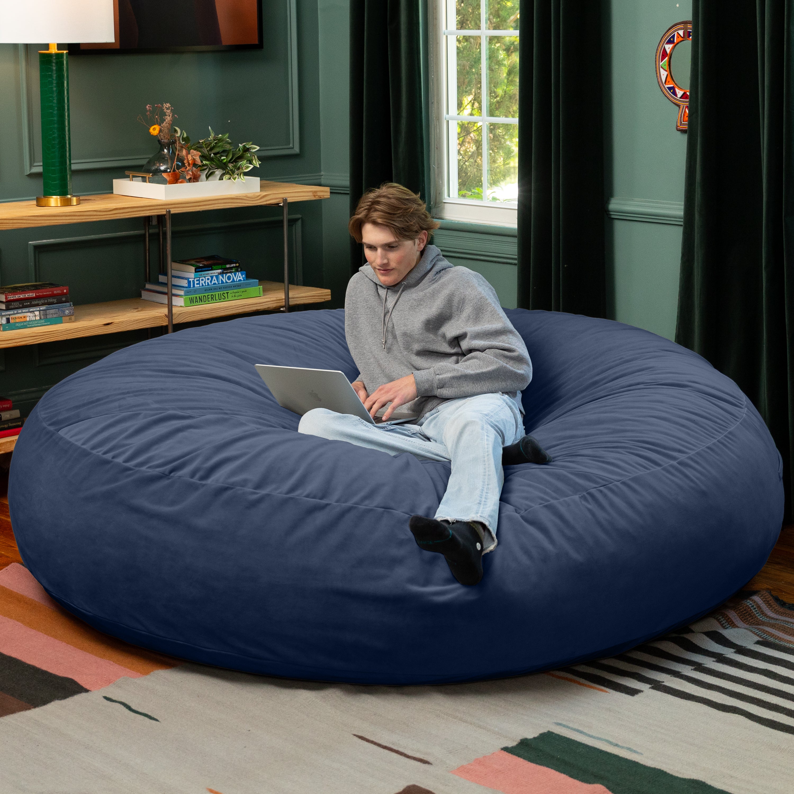 Jaxx 7 Foot Cocoon - 2-in-1 Convertible Bean Bag Bed & Large Bean Bag Chair for Adults, Lush Velvet Navy Blue