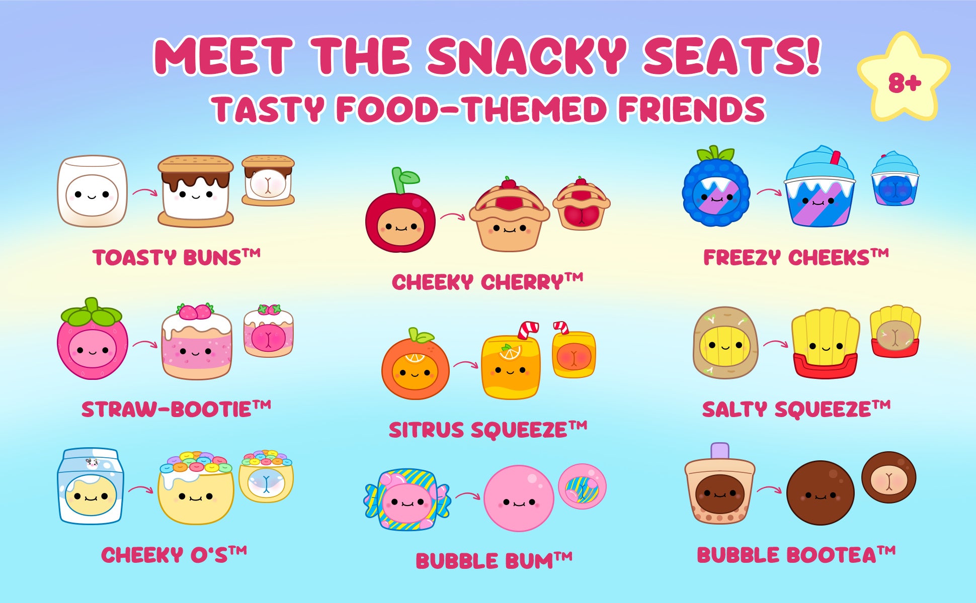 Cheeky Chonks Snacky Seats CDU, 4.5” Reversible Plush Toys Assorted Styles