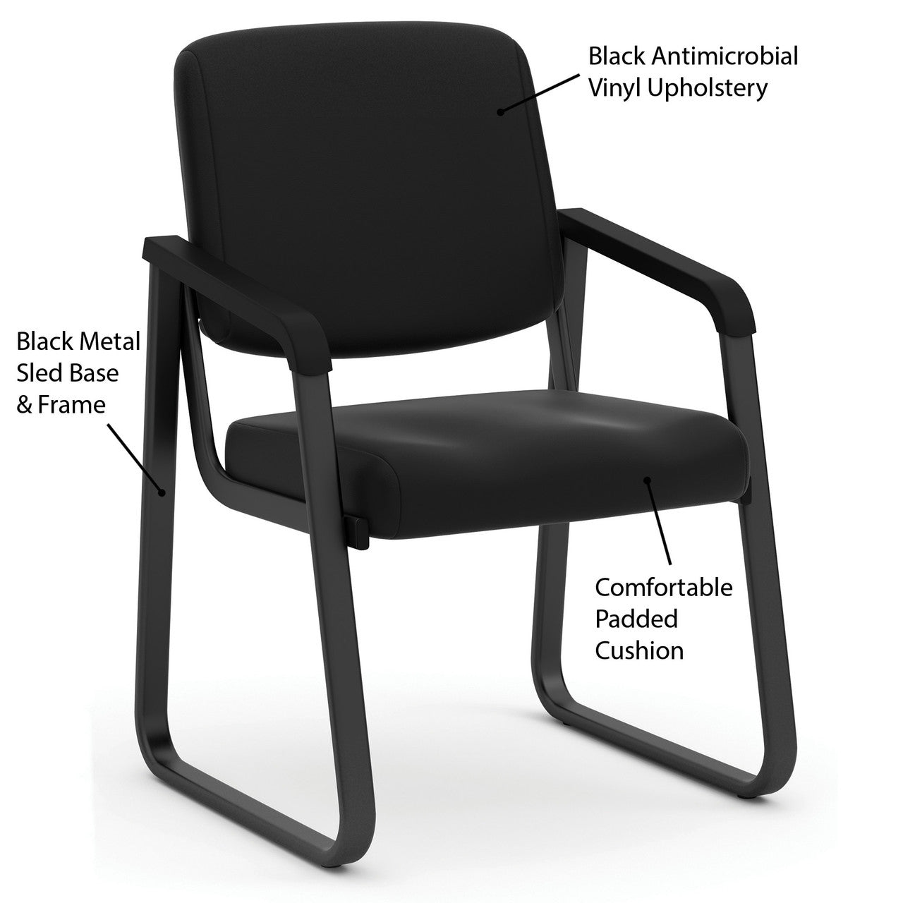 OfficeSource  Sled Base Guest Chair w/Arms - Black Antimicrobial PU Leather