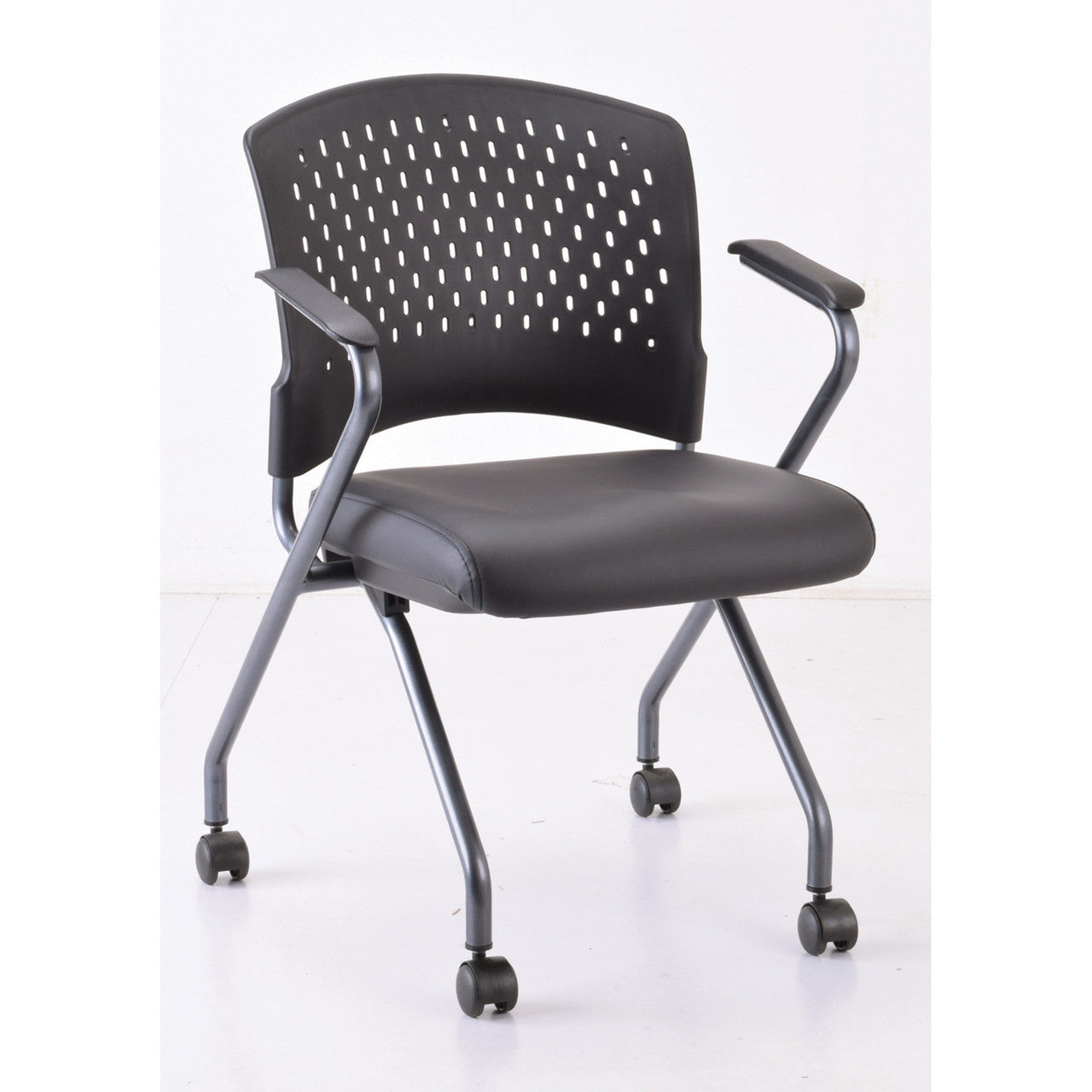 OfficeSource Perch Nesting Chair with Arms and Casters, Titanium Frame - Black Antimicrobial PU Leather