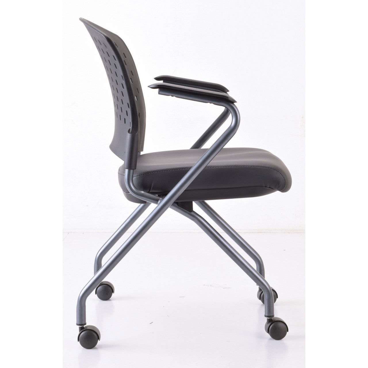 OfficeSource Perch Nesting Chair with Arms and Casters, Titanium Frame - Black Antimicrobial PU Leather