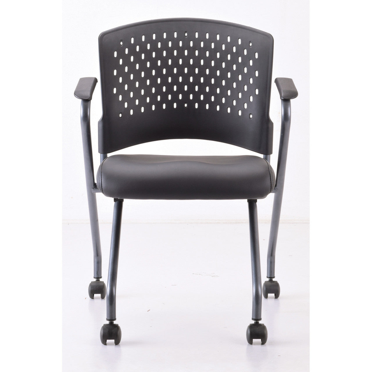 OfficeSource Perch Nesting Chair with Arms and Casters, Titanium Frame - Black Antimicrobial PU Leather