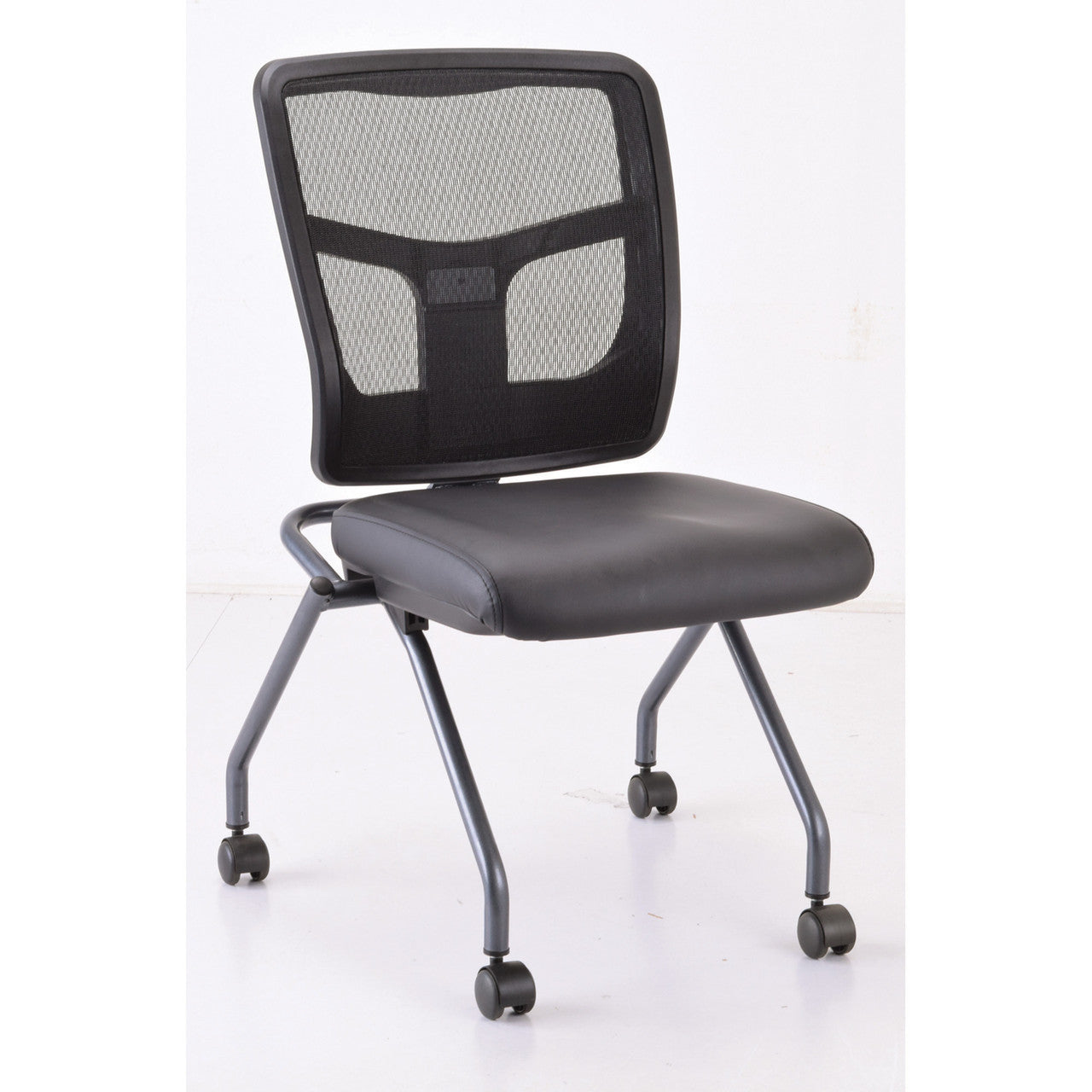 OfficeSource CoolMesh Collection Armless Nesting Chair with Titanium Gray Frame - Black Antimicrobial PU Leather