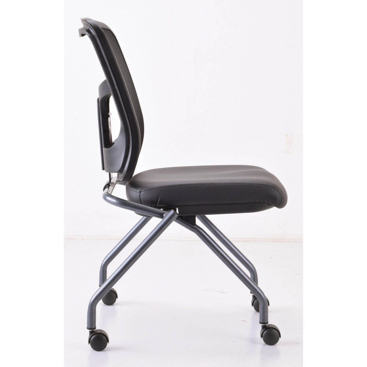 OfficeSource CoolMesh Collection Armless Nesting Chair with Titanium Gray Frame - Black Antimicrobial PU Leather