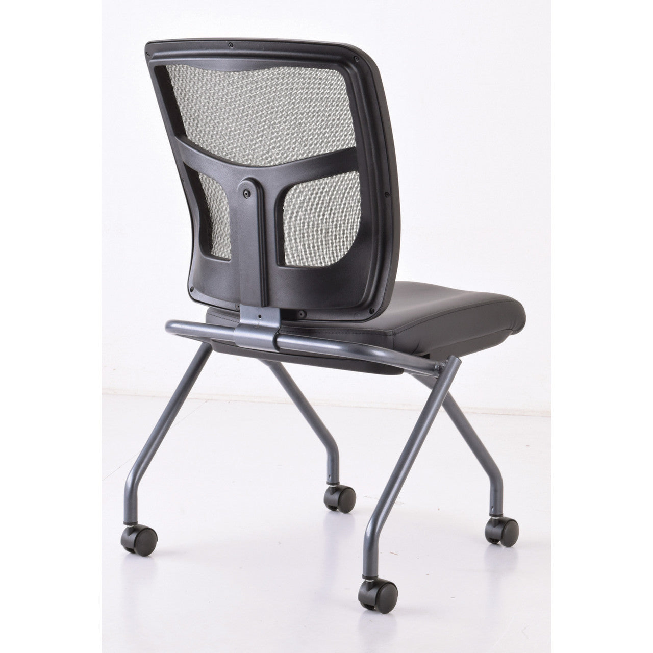 OfficeSource CoolMesh Collection Armless Nesting Chair with Titanium Gray Frame - Black Antimicrobial PU Leather