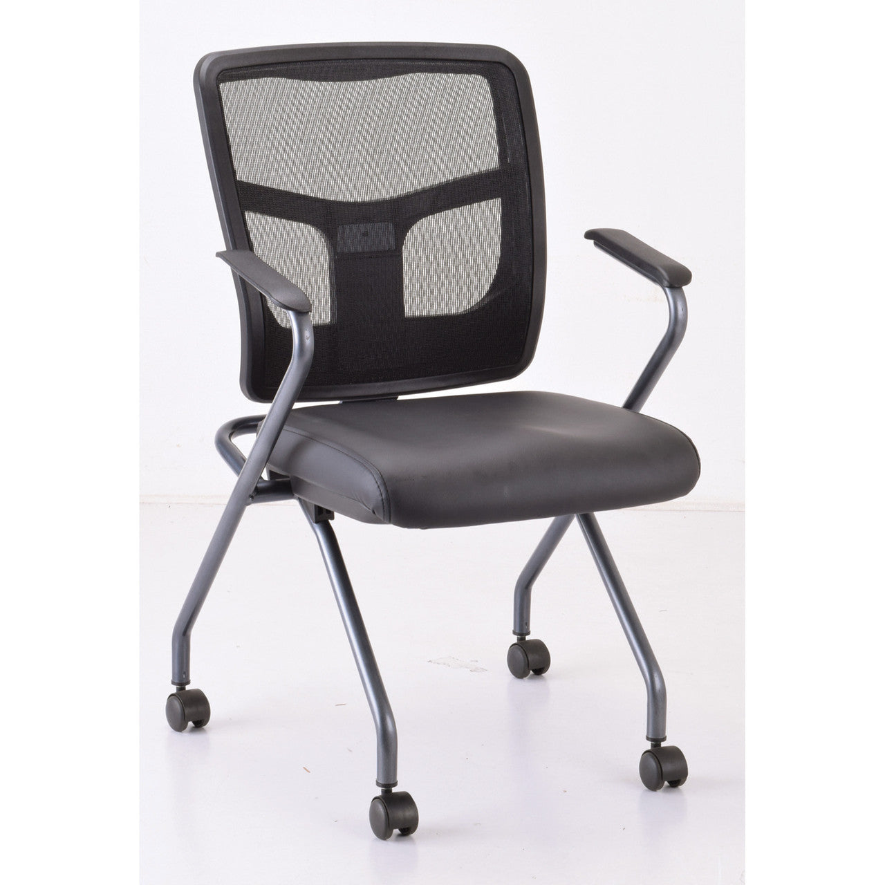 OfficeSource CoolMesh Collection Nesting Chair with Titanium Gray Frame - Black Antimicrobial PU Leather